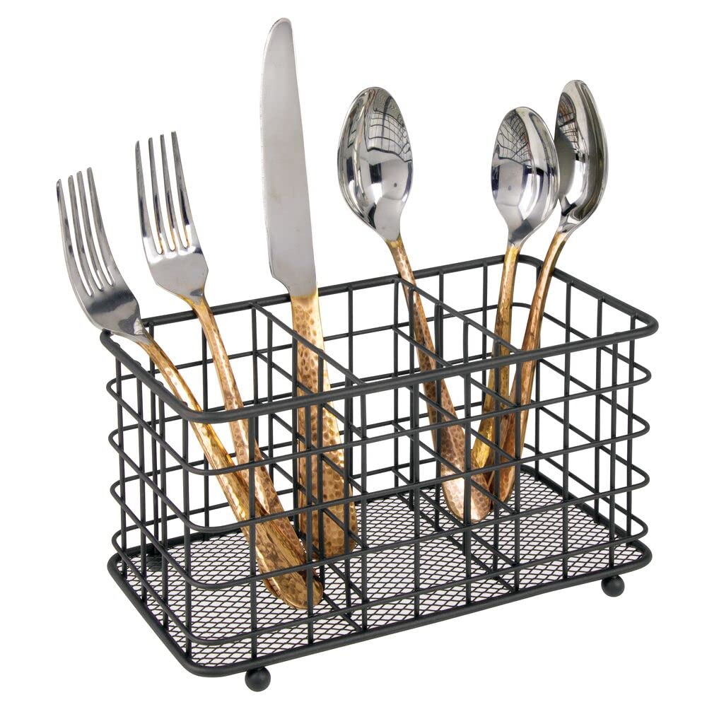 Modern Farmhouse Metal Wire Cutlery Organizer - 3-Section Kitchen Utensil Caddy for Forks, Knives & Spoons - Countertop & Pantry Storage Bin - Perfect for Dining Table, Kitchen Island and Buffet Organization - Black