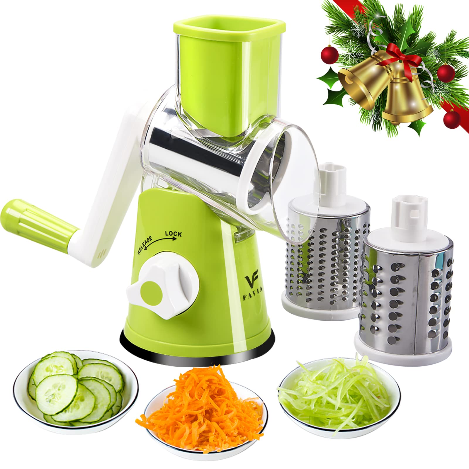 FAVIA Rotary Cheese Grater with Handle - 3 Stainless Steel Drum Blades for Cheese, Vegetables, Nuts | Dishwasher Safe BPA-Free Mandoline Slicer (Green) | Perfect for Salads, Pasta & Baking