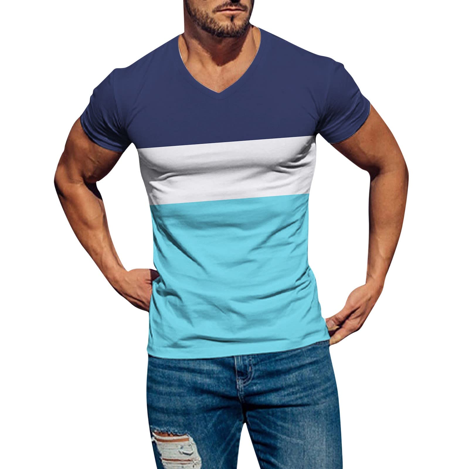 JUNGE Men's Striped Printed Slim Fit V-Neck T-Shirt - Breathable Summer Short Sleeve Tee for Workout & Casual Wear | Gym, Running, Outdoor Activities