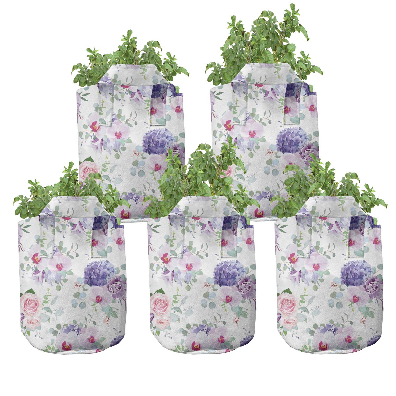 Ambesonne Floral Grow Bags 5-Pack - Heavy Duty Fabric Plant Pots with Handles for Roses, Orchids & Carnations | Blue & Pink Flower Pattern | Indoor/Outdoor Gardening, Balcony & Patio Decor