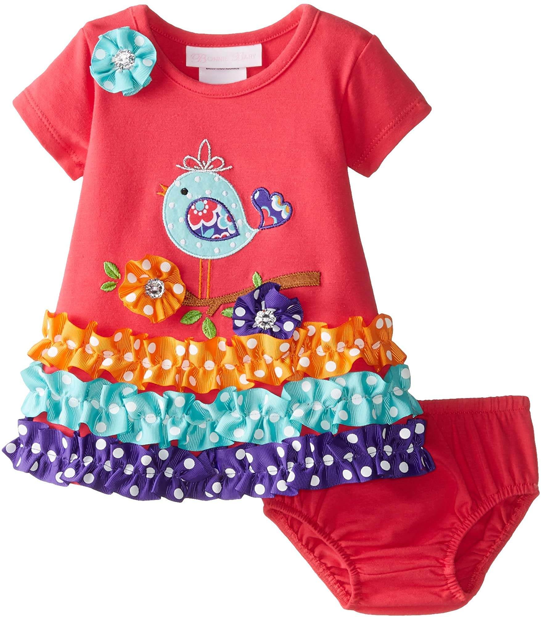 Bonnie Baby Girls' Floral Appliqued Dress & Panty Set - Cute Outfit for Parties, Photos & Special Occasions