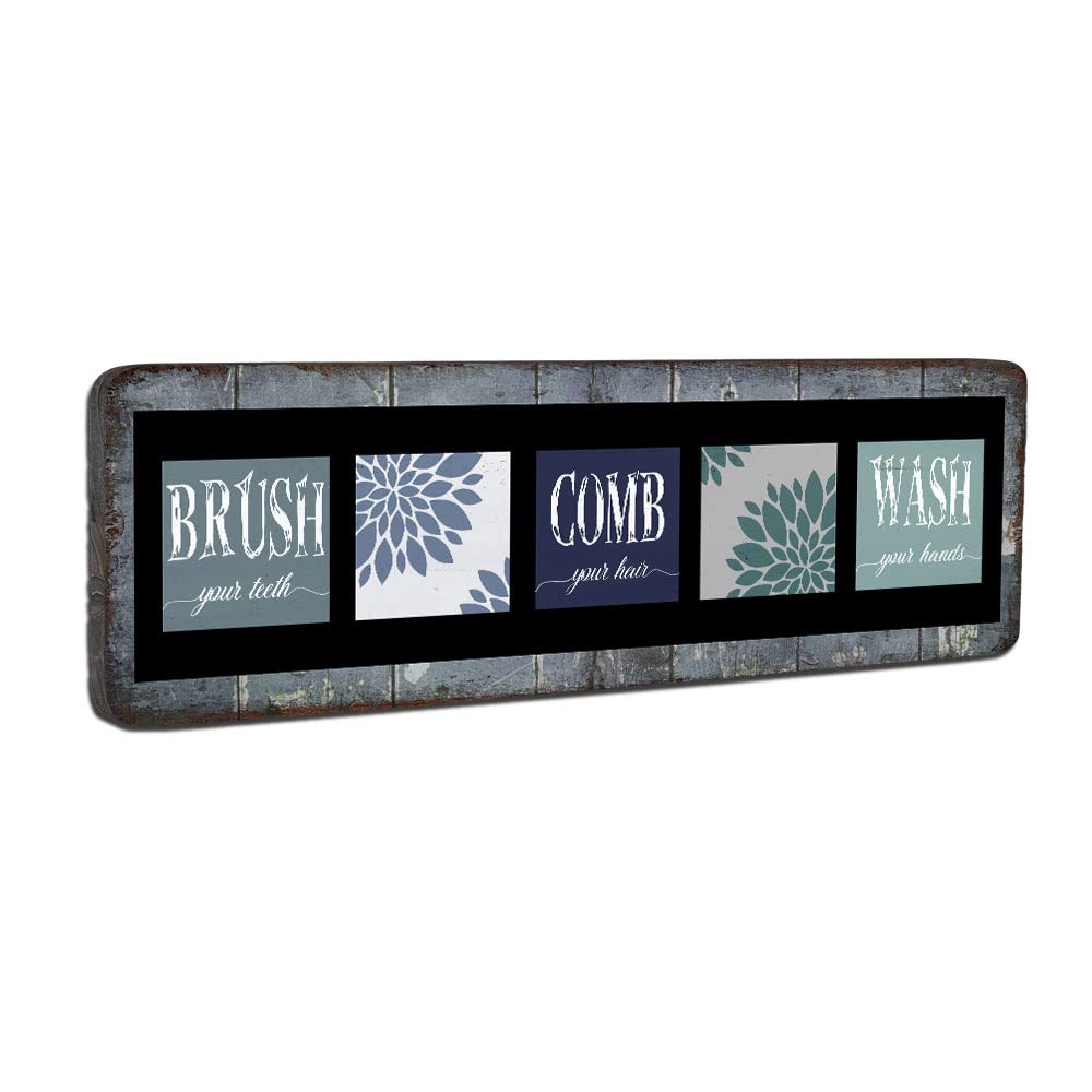 Farmhouse Bathroom Wall Decor - Teal Rustic Bathroom Sign with Inspirational Quote 'Wash Your Hands Brush Your Teeth Comb Your Hair' - Gray Bathroom Wall Art 16x5 Inches - Perfect for Farmhouse, Cottage, or Vintage Style Bathrooms