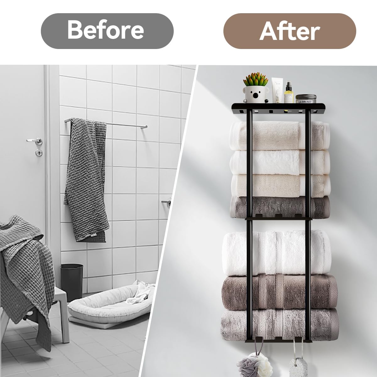 3-Tier Black Metal Wall Mounted Bathroom Towel Rack with Shelf & 6 Hooks - Heavy Duty Towel Holder for Rolled Towels Storage & Organization - Perfect for Small Bathrooms, Laundry Rooms & Spa Spaces