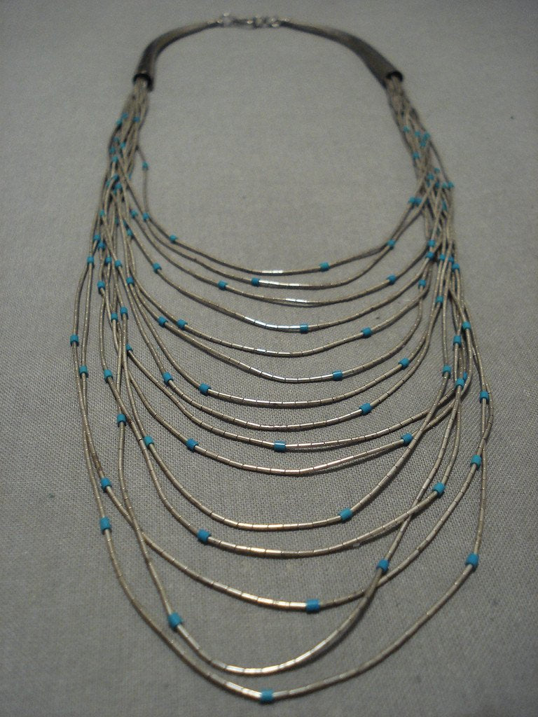 15-Tier Vintage Santo Domingo Navajo Turquoise Native American Jewelry Sterling Silver Heishi Beaded Necklace - Perfect for Boho Fashion, Festivals & Southwest Style Accessories