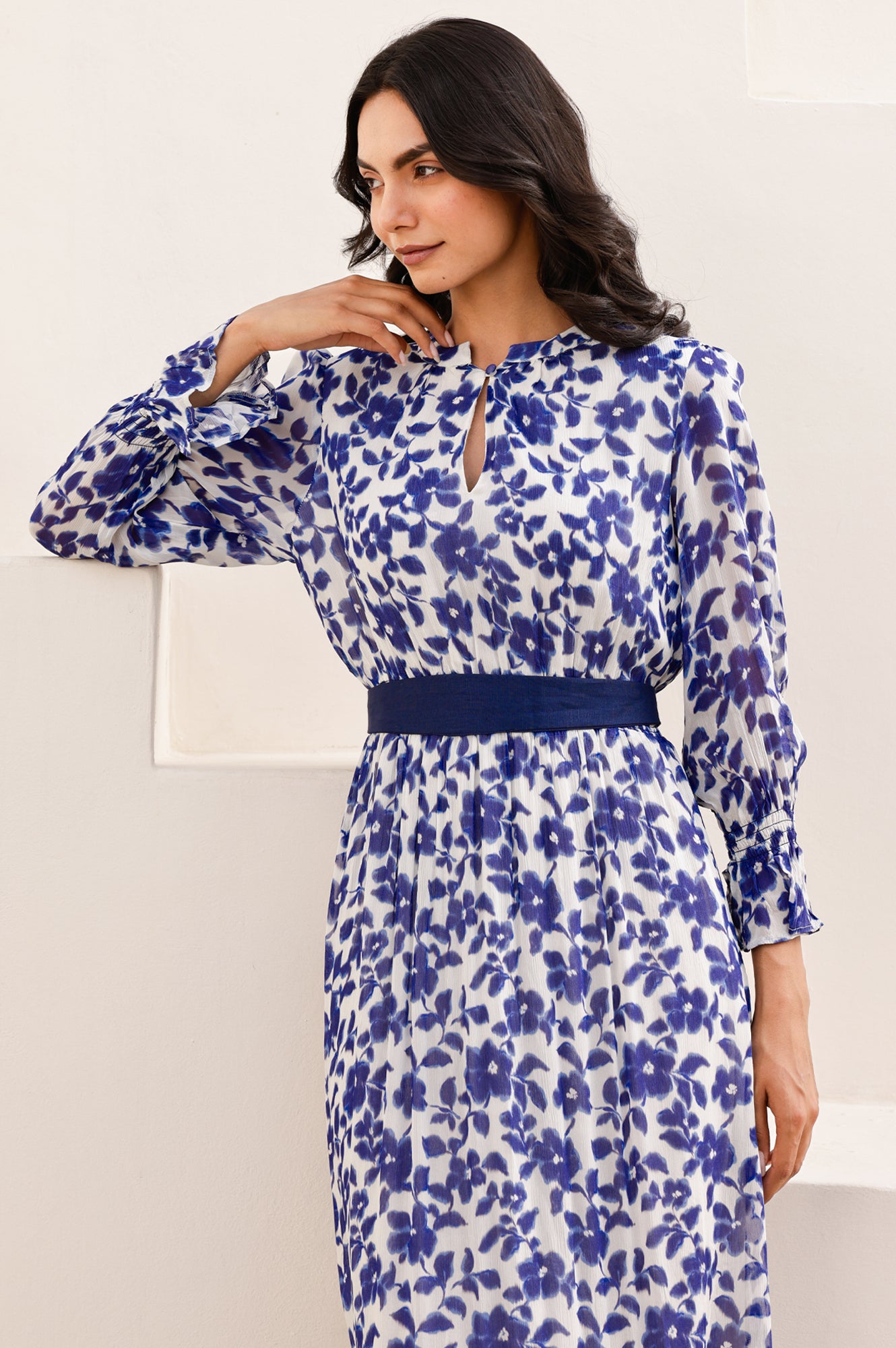 Maeve Georgette Dress - Floral Navy & White Flowy Midi Dress for Women | Perfect for Summer Weddings, Garden Parties & Date Nights
