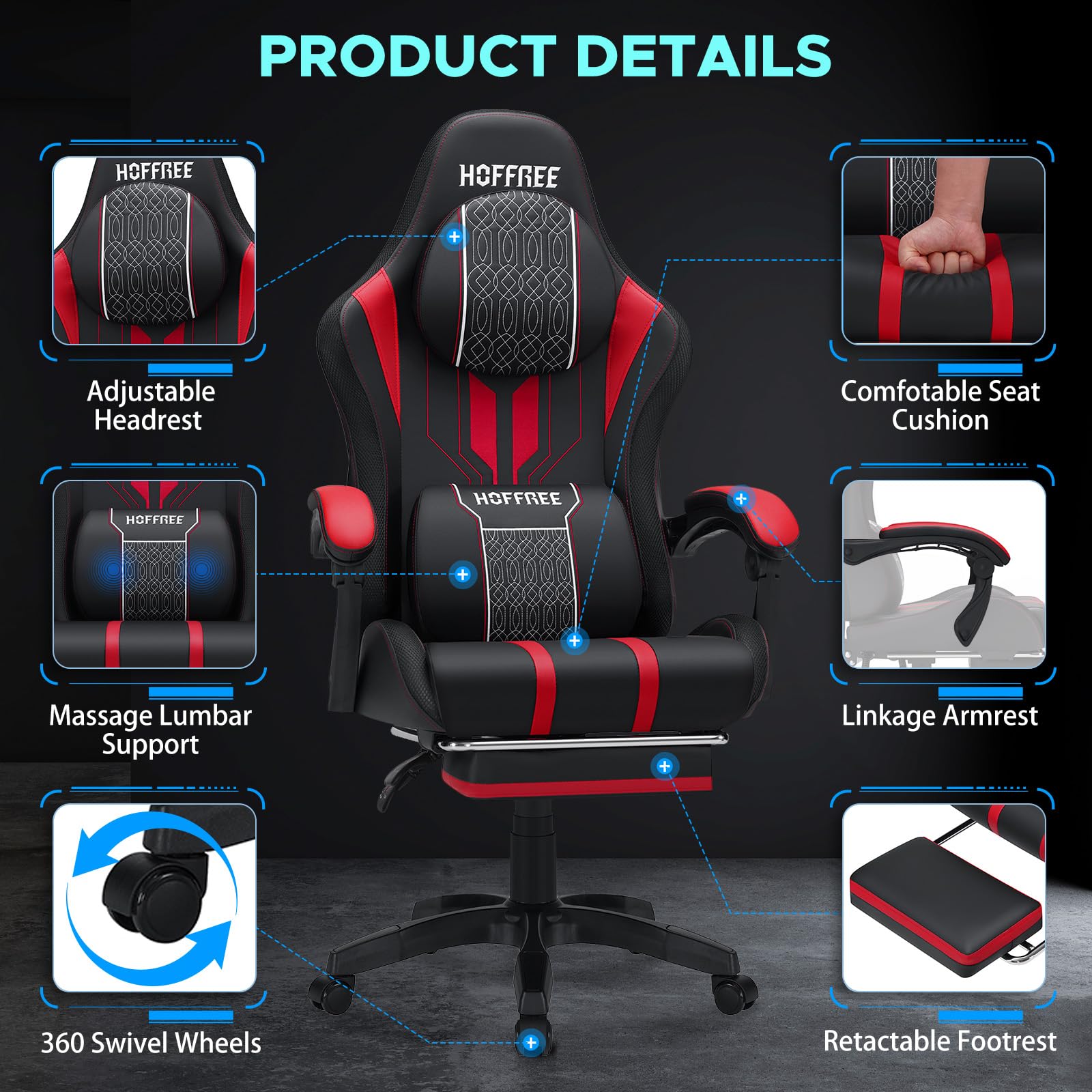 HOFFREE Ergonomic Gaming Chair with Adjustable Footrest & Lumbar Massage - Heavy Duty 400lb Capacity Big and Tall Computer Chair for Adults (Red/Black) - Perfect for PC Gaming, Office Work & Home Theater Relaxation