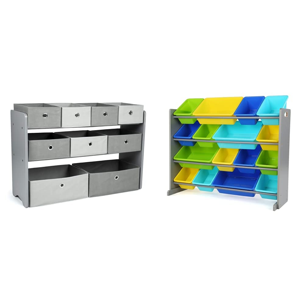 Humble Crew Kids Toy Organizer with 9 Storage Fabric Bins - Extra Large Toy Storage Solution with 16 Bins in Grey, Blue, Green & Yellow | Perfect for Playroom, Nursery & Bedroom Organization