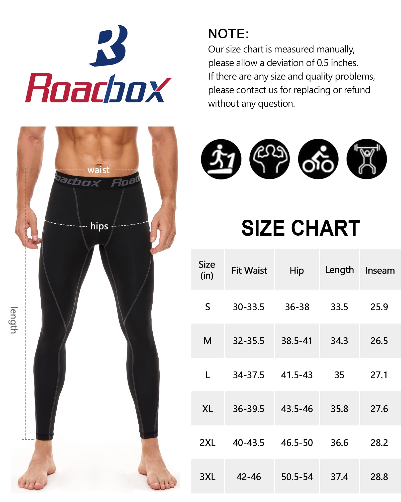 Roadbox Men's Compression Pants - Cooling Dry Workout Leggings for Running, Gym & Sports Baselayer