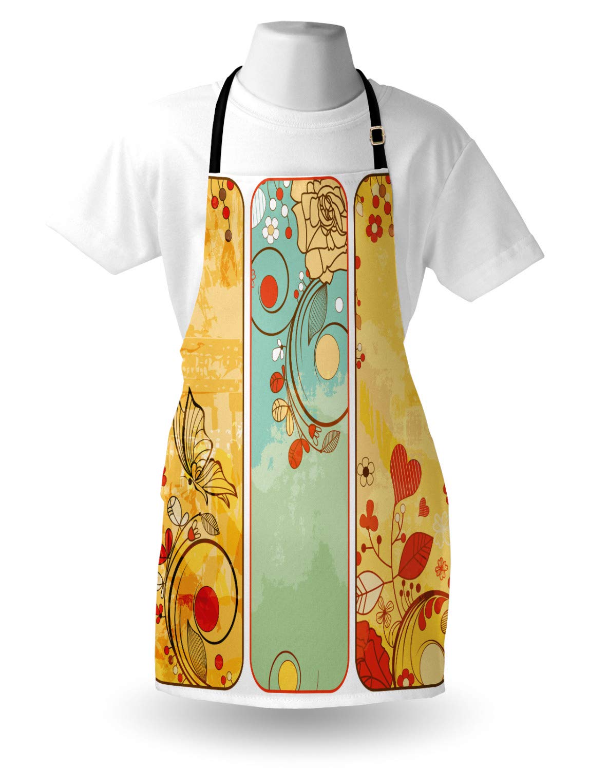 Ambesonne Vintage Apron - Floral Butterfly & Heart Design Retro Kitchen Bib - Adjustable Neck for Cooking, Baking, Gardening - Unisex Home & Cafe Use