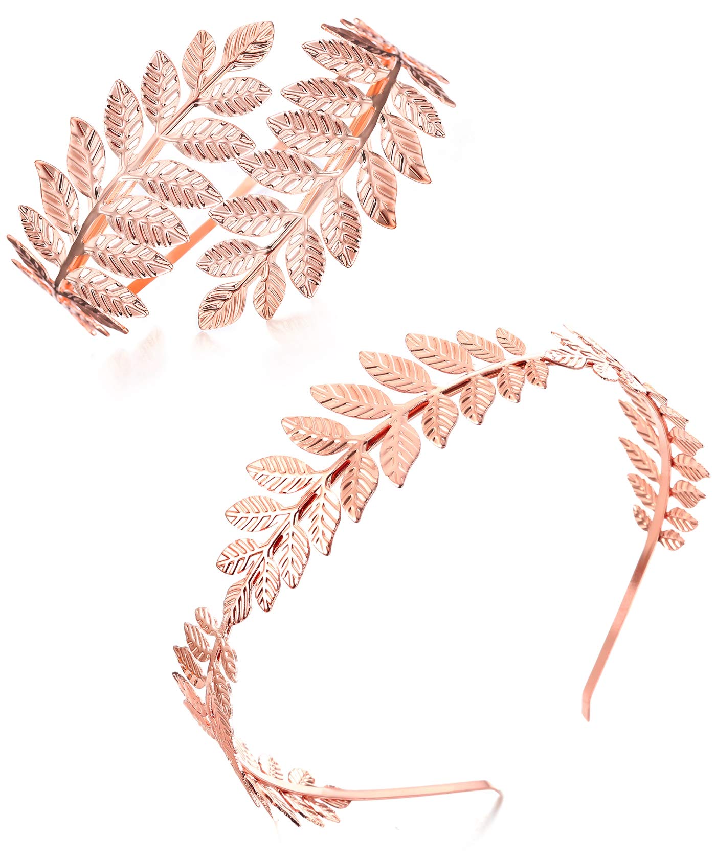 FINREZIO Greek Goddess Headband & Arm Cuff Set - Roman Laurel Leaf Crown & Adjustable Armlet Bracelet - Bridal Jewelry for Weddings, Costume Parties & Photo Shoots