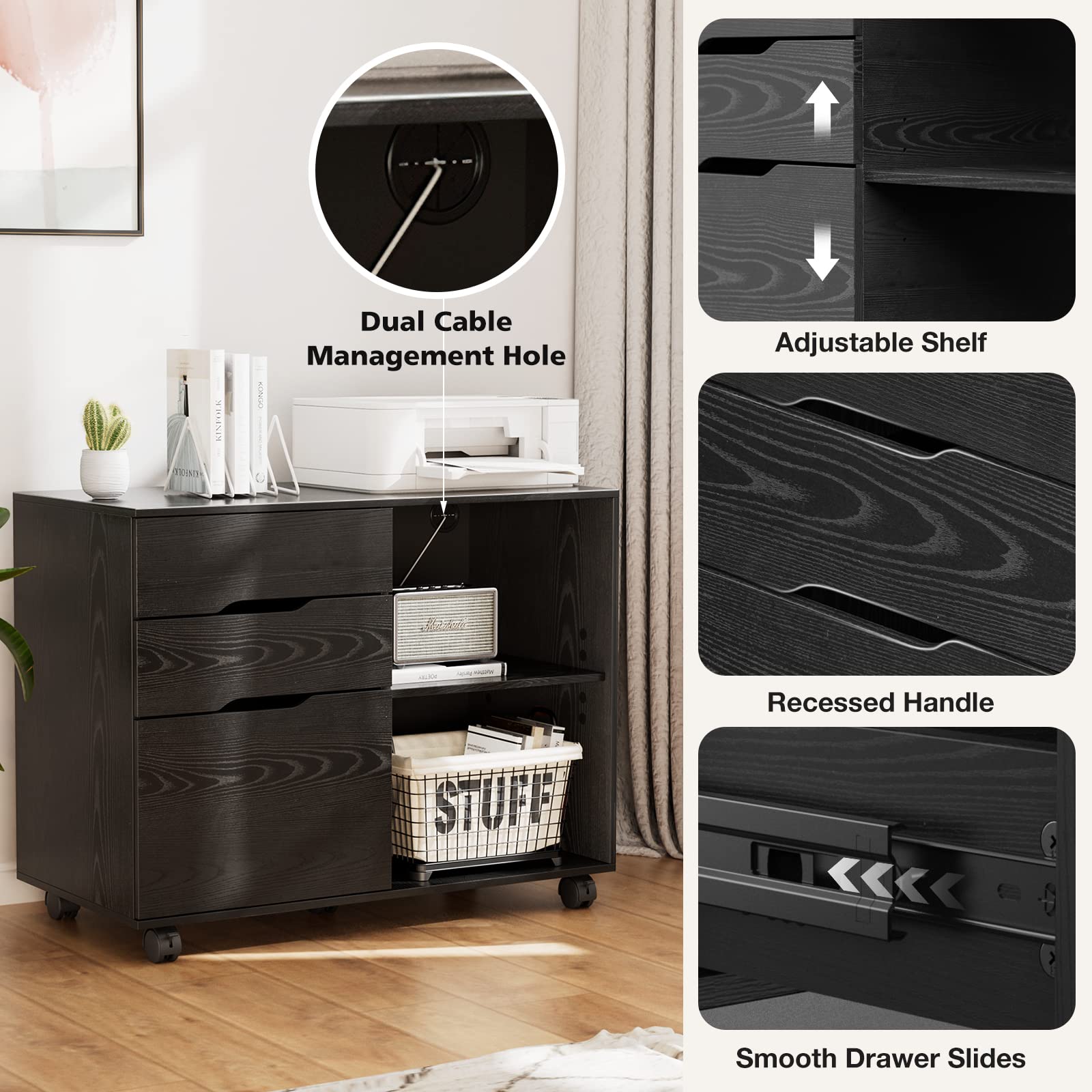 NewBULIG 3-Drawer Mobile Wooden Lateral Rolling File Cabinet with Adjustable Shelves - Printer Stand with Wheels for Home Office Organization, Black - Perfect for Document Storage & Workspace Organization