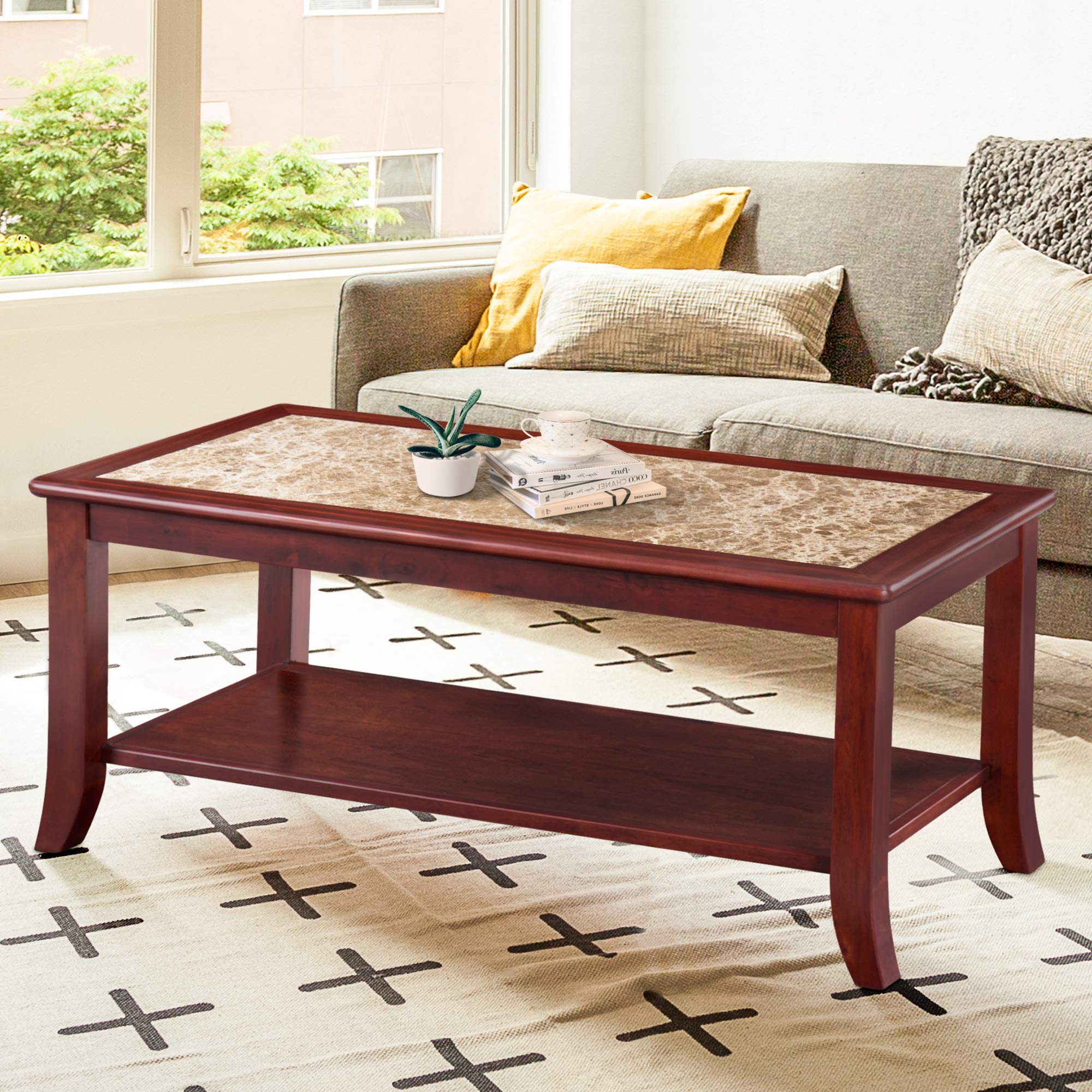 SLEEPLACE Modern Marble Top Coffee Table - Light Brown & Brown Wooden Base for Living Room, Office, or Lounge - Stylish and Durable Home Decor