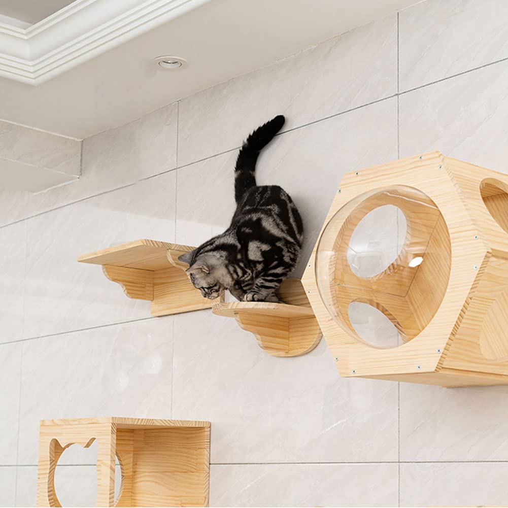 17-Piece Wall-Mounted Wooden Cat Climbing Set with 2 Space Capsule Beds, 3 Condos, 8 Shelves, 2 Bridges & Sisal Scratching Posts - Multi-Level Cat Activity Furniture for Indoor Play & Exercise