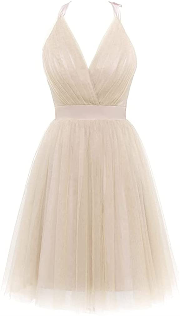 REVDRYE Women's Sexy Tulle Halter Mini Dress - Summer Solid Bridesmaid & Cocktail Party Gown for Weddings, Night Out, and Special Occasions