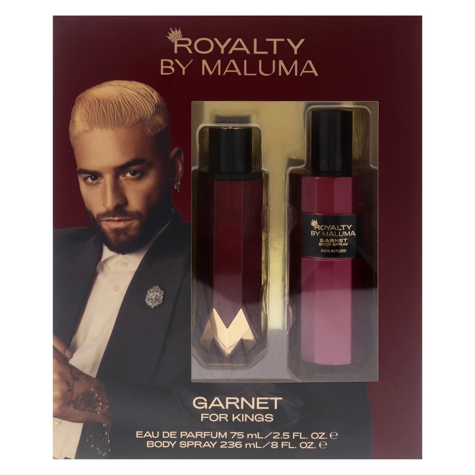 Garnet by Royalty By Maluma for Men - 2 Piece Gift Set (2.5oz EDP Spray + 8oz Body Spray) | Cologne & Fragrance Gift for Him | Date Night, Special Occasions