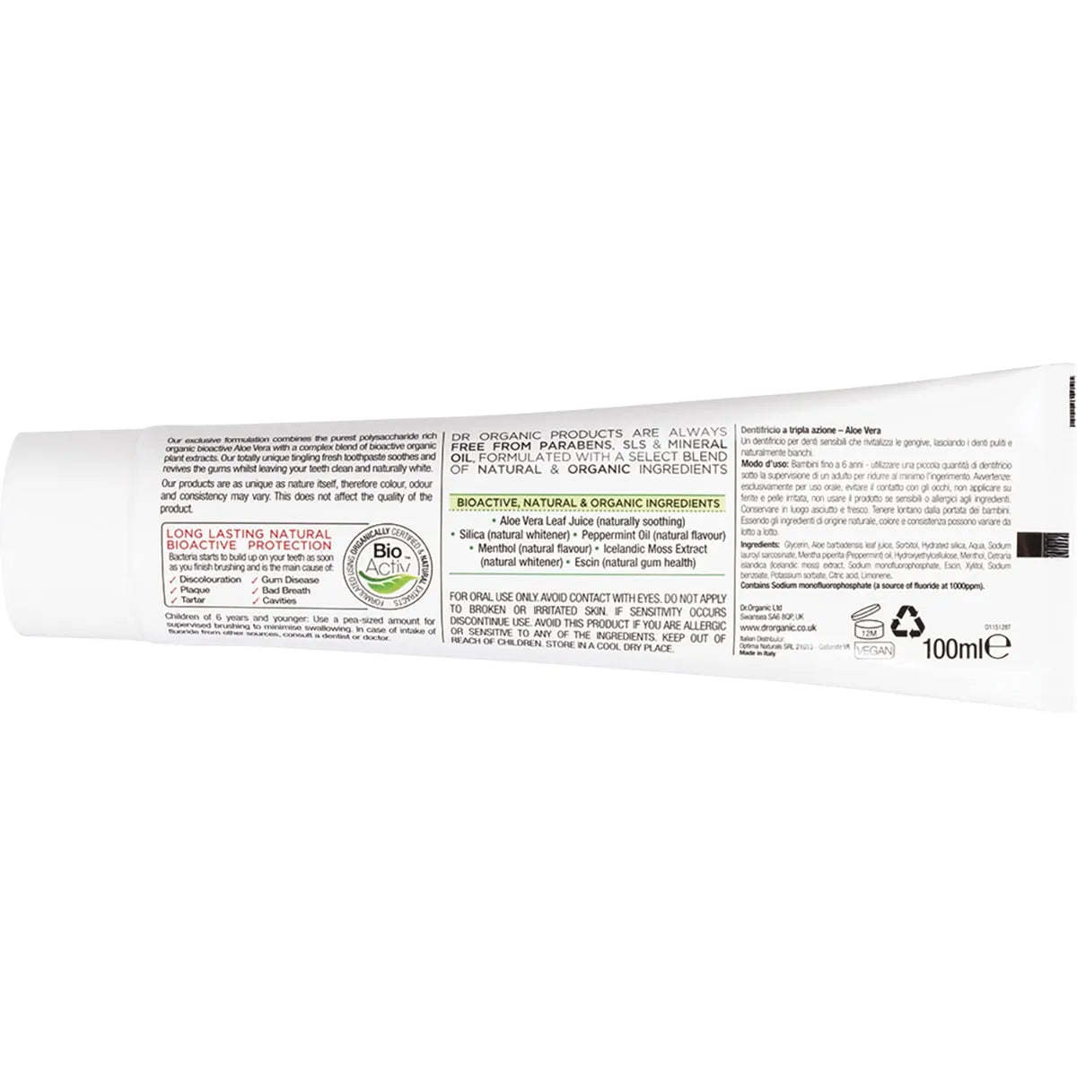 Dr Organic Whitening Toothpaste with Aloe Vera - Natural & Fluoride-Free for Sensitive Teeth - Fresh Breath & Gum Care - Perfect for Daily Oral Hygiene & Travel