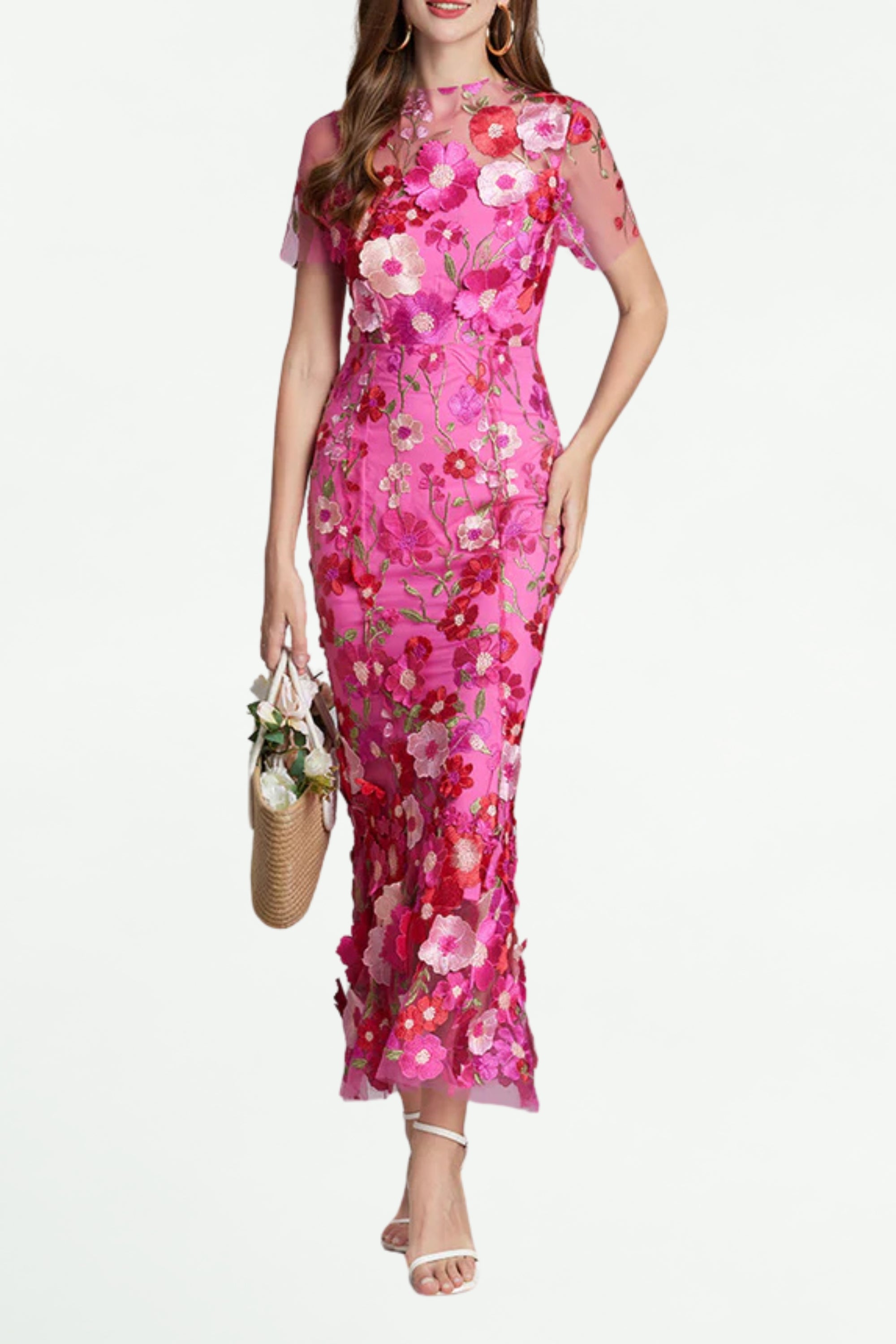 Carol Rose Red Floral Embroidered Mesh Fishtail Midi Dress - Elegant Party & Evening Wear for Women