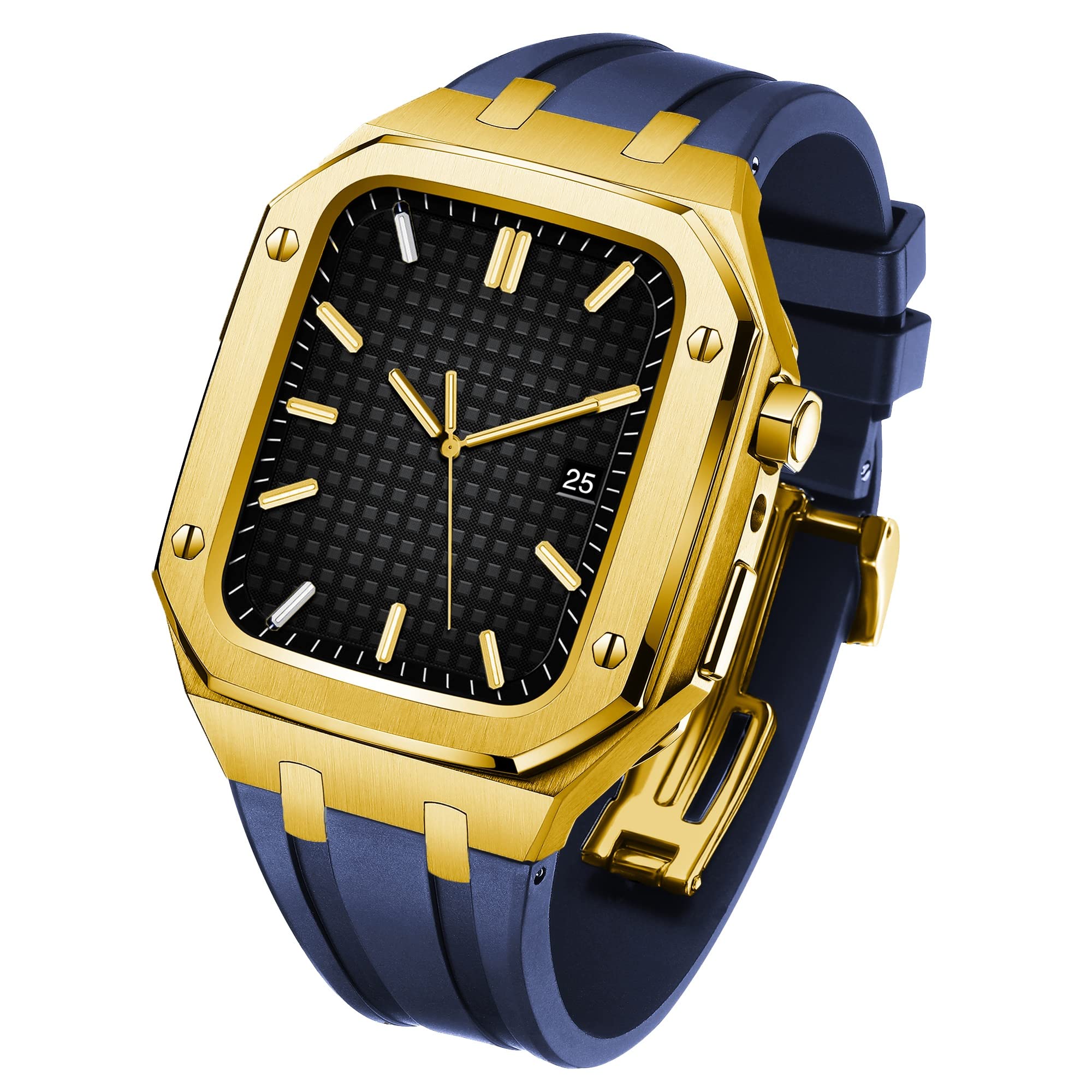 Premium SHUYAO Rubber Watch Band with Metal Case for Apple Watch Series 7 45mm - Stainless Steel Rugged Protector Bumper - Luxury Durable Replacement Strap for Men & Women - Perfect for Workouts, Outdoor Activities & Daily Wear