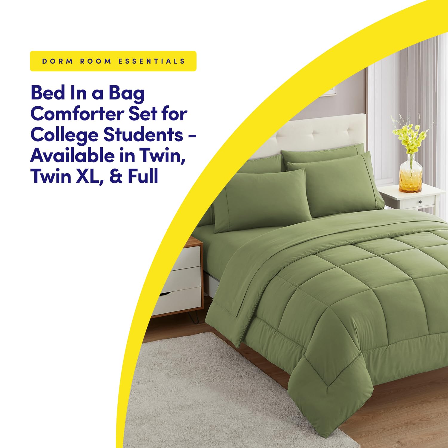 5-Piece Twin Size College Bedding Comforter Set - Sage Green Dorm Room Essentials for Boys & Girls | Perfect for College Students' Bed in a Bag | Ideal for Dorm Rooms, First Apartments & Teen Bedrooms