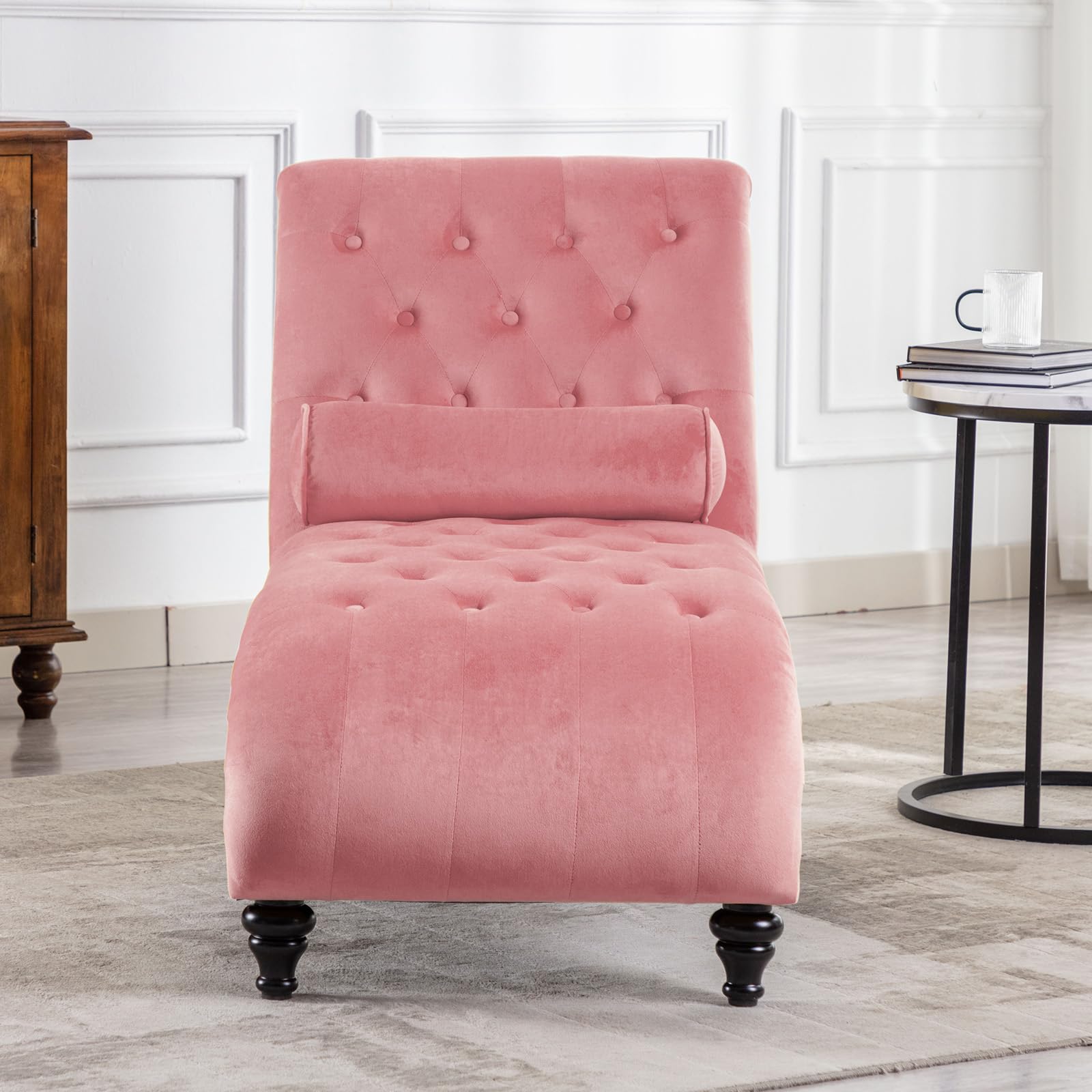 Luxury Velvet Button-Tufted Chaise Lounge Chair with Bolster Pillow - Elegant Nailhead Trim & Turned Legs for Living Room, Bedroom or Office - Comfortable Leisure Sofa Couch in Soft Pink - Perfect for Relaxing, Reading or Napping