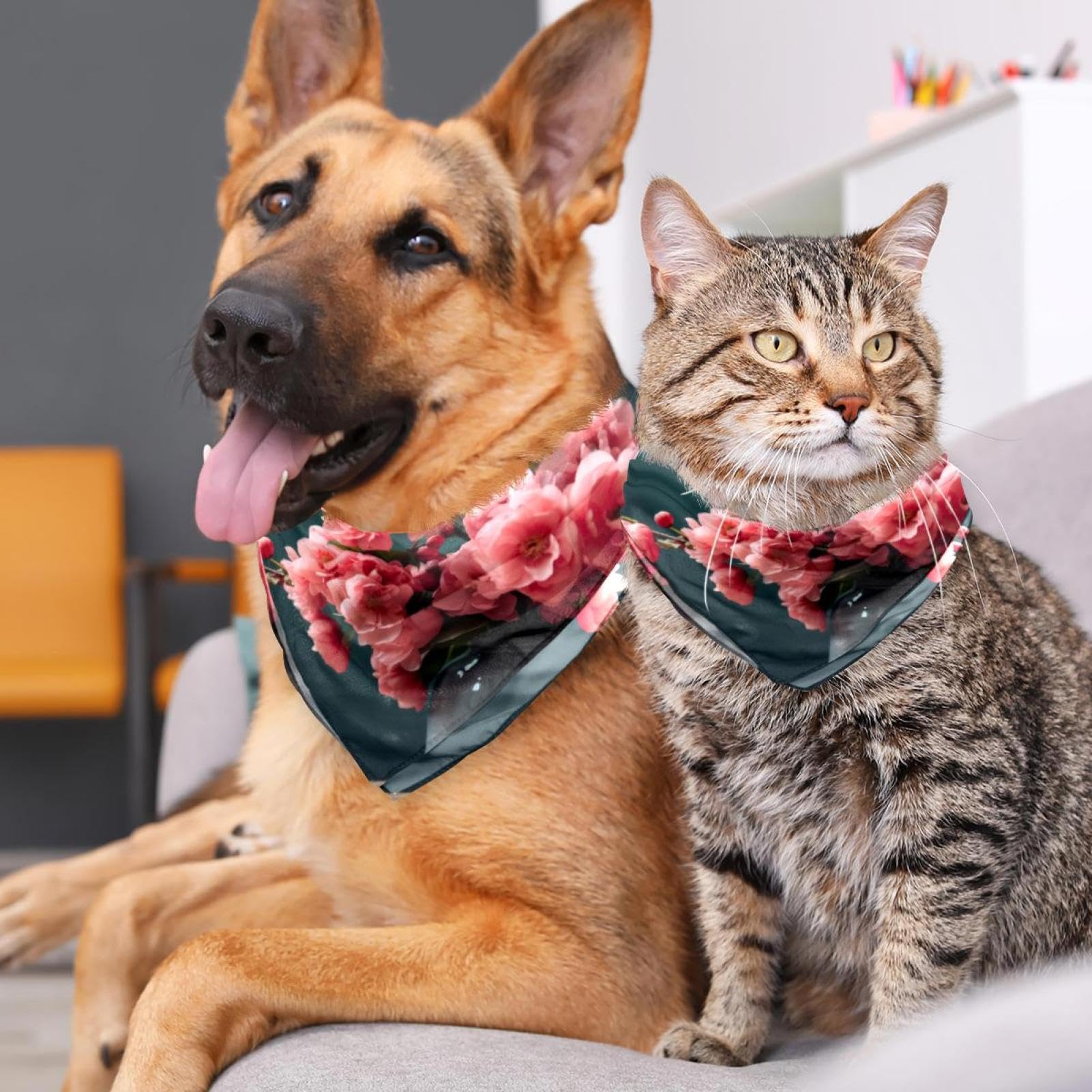 Dog Bandanas for Small Medium Large Pets - 2-Piece Set with Vase and Pink Flowers Pattern - Adjustable Dog Scarf for Dogs & Cats - Perfect for Pet Parties, Photo Shoots & Daily Walks
