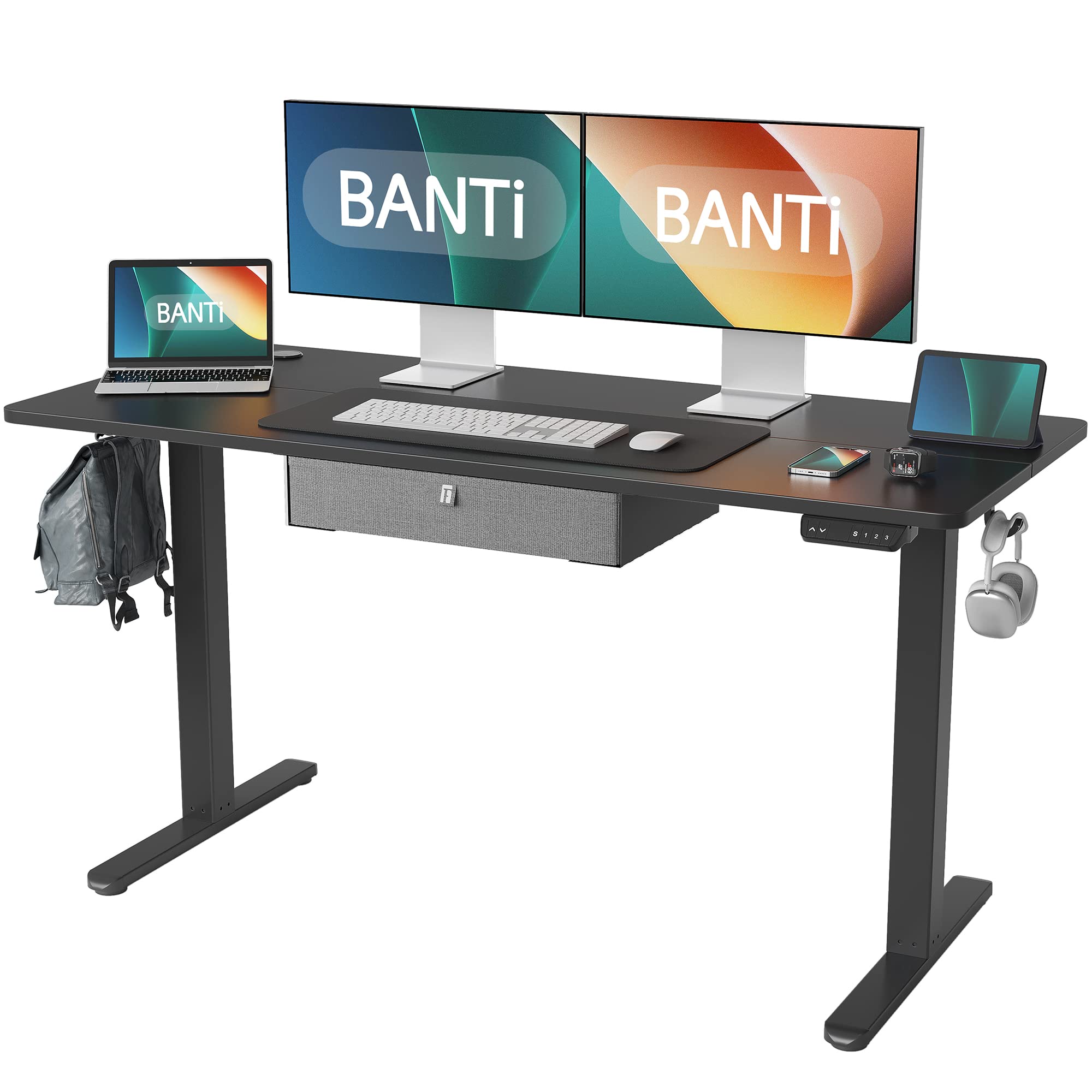 BANTI 55x24 Inches Electric Adjustable Height Standing Desk with Drawers - Black Frame & Top - Ergonomic Sit Stand Home Office Desk for Work from Home & Small Spaces