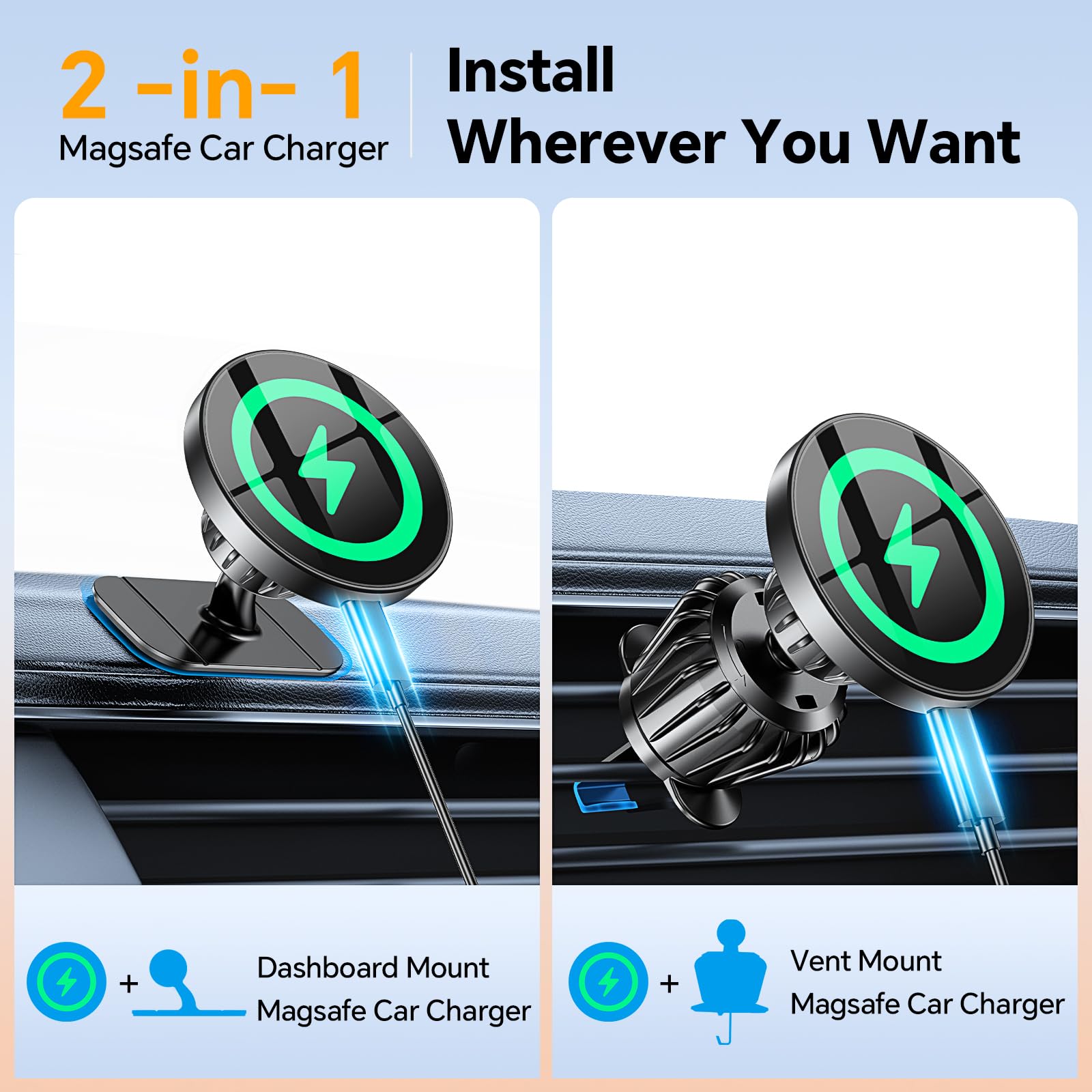 Magnetic Wireless Car Charger Mount for iPhone 16 Pro Max/15/14/13/12 - Strong MagSafe Holder with Dashboard & Vent Mount - Fast Charging Phone Stand for Driving, Commuting & Road Trips