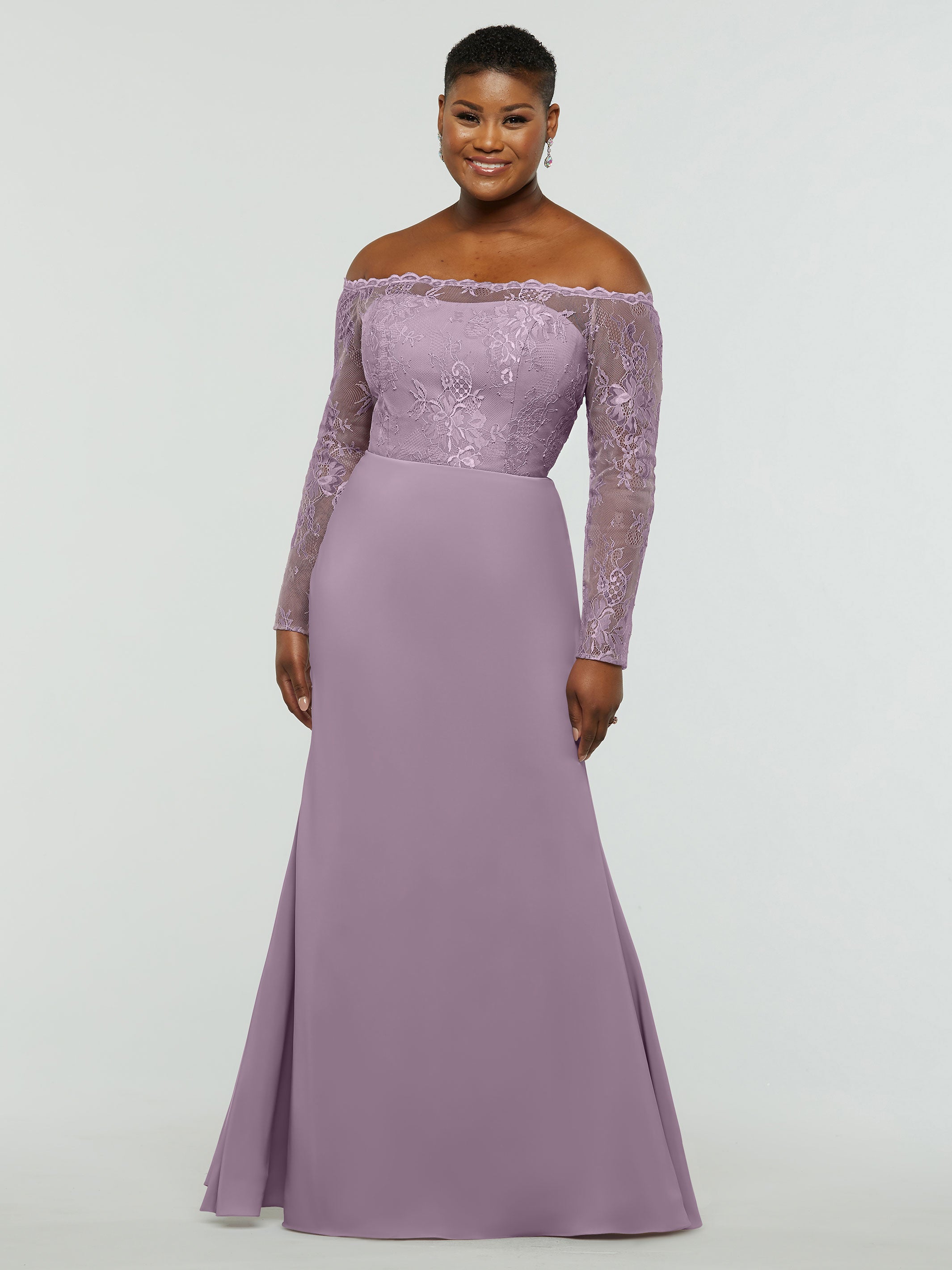 Elegant 80191 Chiffon & Lace Mermaid Bridesmaid Dress with Off-the-Shoulder Long Sleeves - Perfect for Weddings, Formal Events & Evening Parties