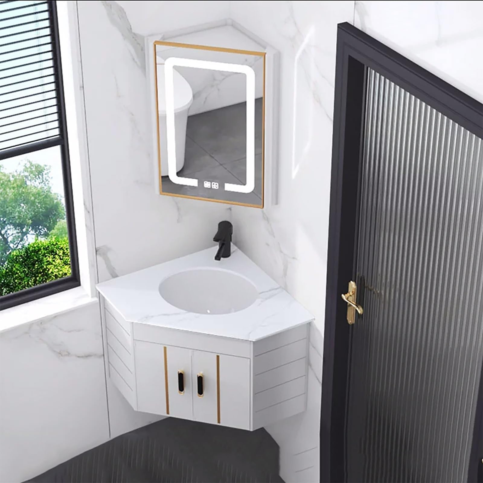 Corner Ceramic Sink Vanity Set with Anti-Fog LED Mirror & Storage Cabinet - Wall Mounted Modern Bathroom Furniture for Small Spaces (White) - Perfect for Compact Bathrooms, Powder Rooms, and Space-Saving Home Designs