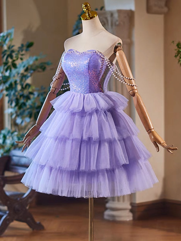 Elegant A-Line Tulle Sequin Purple Short Prom Dress | Sparkling Homecoming Dress for Teens | Perfect for Parties, Dances & Special Occasions