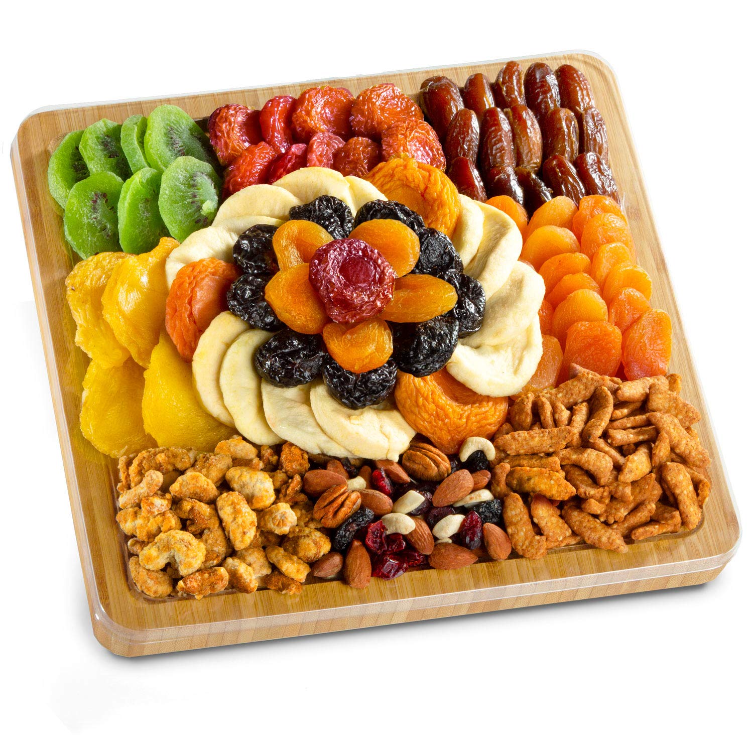 Premium Dried Fruit & Gourmet Snack Gift Set on Bamboo Cutting Board Serving Tray - Perfect for Housewarming, Holiday Gifts & Charcuterie Board Parties