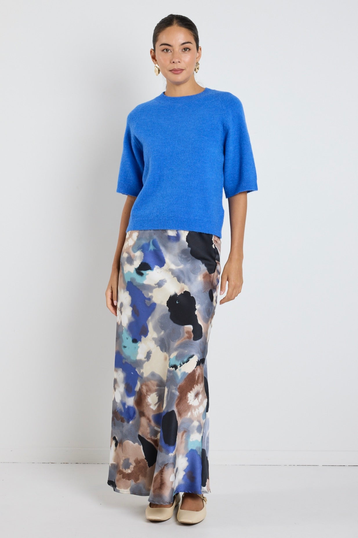 Frantic Navy Multi Watercolor Satin Bias Maxi Skirt - Elegant Flowy Long Skirt for Women, Perfect for Beach, Wedding & Summer Outfits