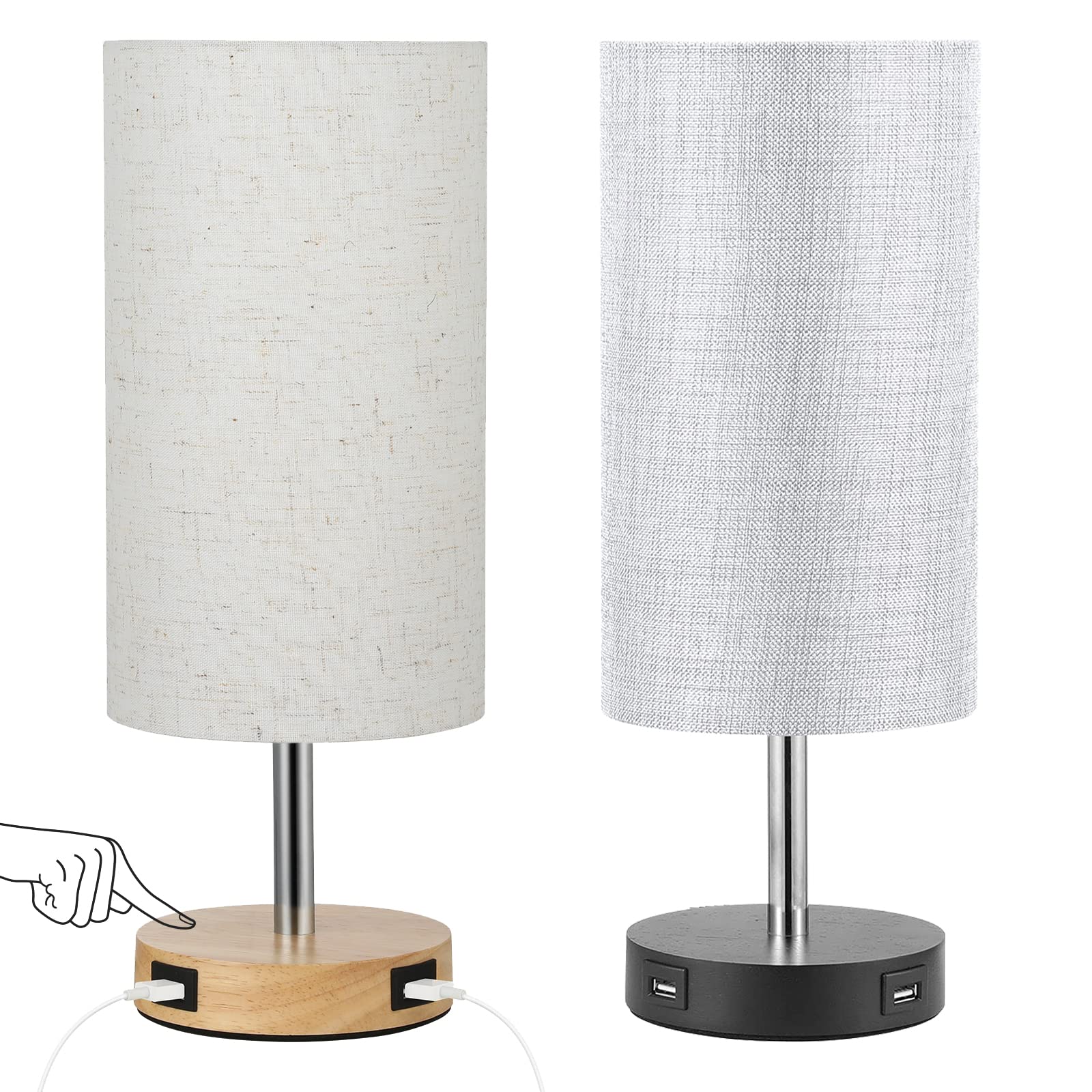 Doowo Touch Control Bedside Lamp with USB Ports - Dimmable Nightstand Lamp for Bedroom, Office, Dorm, Kids Room - Wood Base & Beige Linen Shade (Includes LED Bulb) - Perfect for Reading, Relaxing & Charging Devices