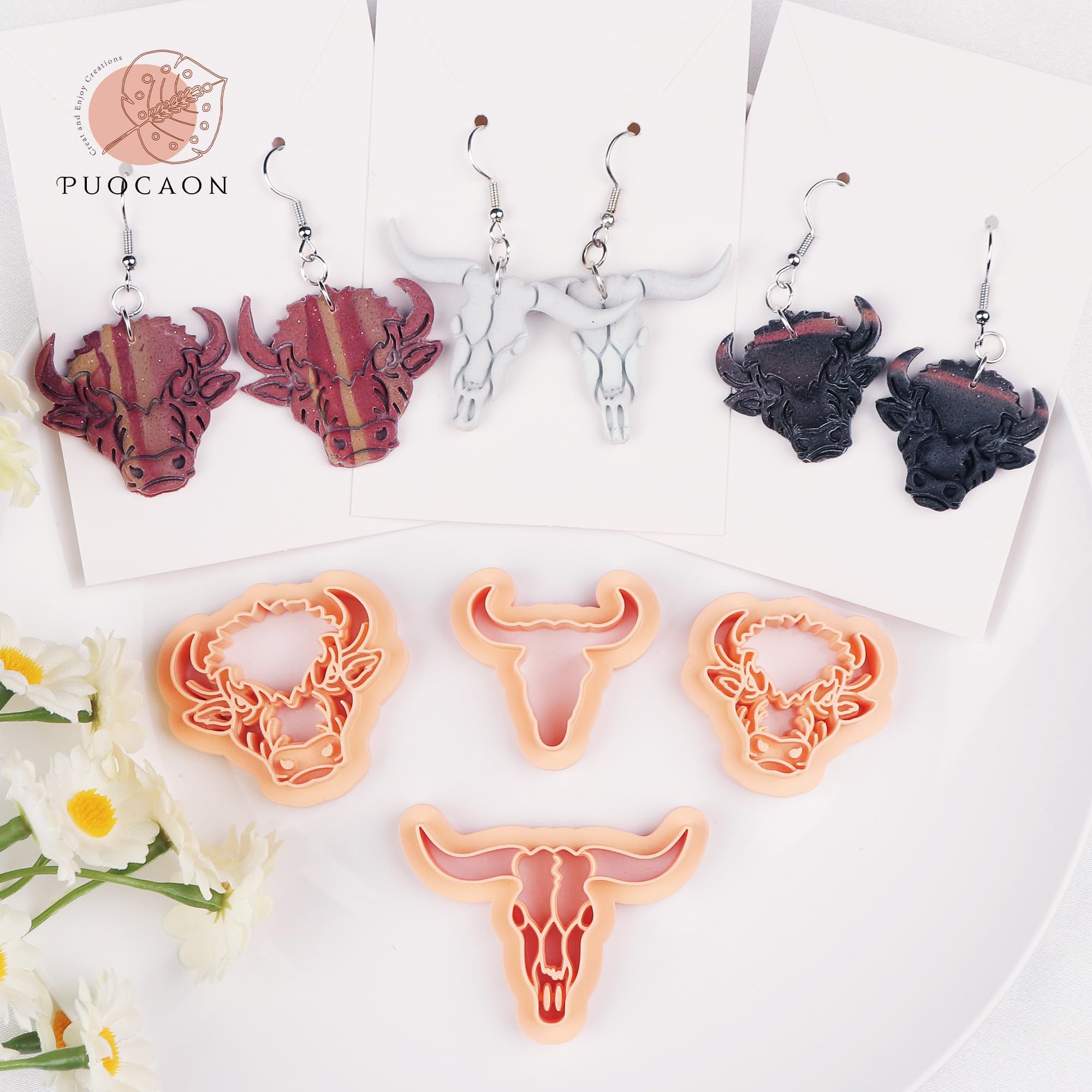 Puocaon American Bison Clay Cutters - 4-Piece Polymer Clay Cutter Set for Jewelry Making, DIY Earrings & Crafts | 3D Printed Skull, Cow & Buffalo Shapes | Perfect for Polymer Clay Jewelry, Earring Charms & Handmade Gifts
