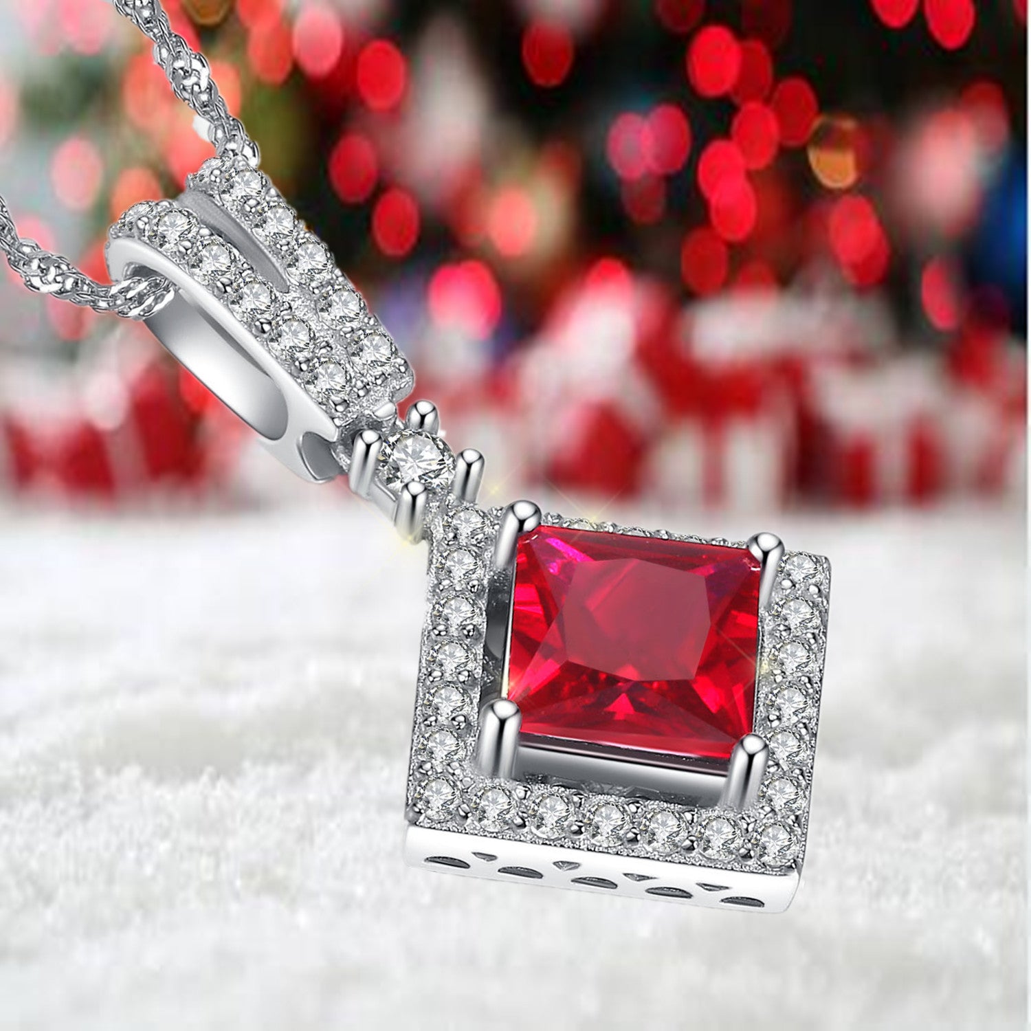 Sterling Silver Princess Cut Simulated Emerald & Ruby Halo Pendant Necklace for Women - Elegant Jewelry Gift for Birthday, Anniversary & Special Occasions