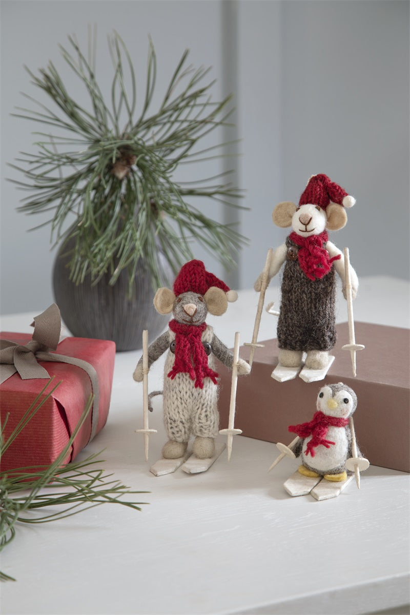 Winter Mouse Boy Christmas Figurine - Small Skiing Grey Decor for Holiday Tabletop, Mantel & Winter Village Display