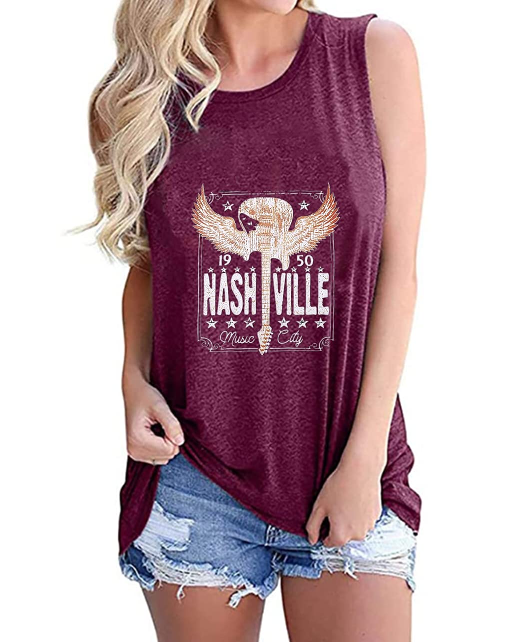 Nashville Music City Tank Tops for Women - Funny Guitar Graphic Shirt, Sleeveless Country Music Tee | Perfect for Concerts, Music Festivals & Casual Summer Outfits