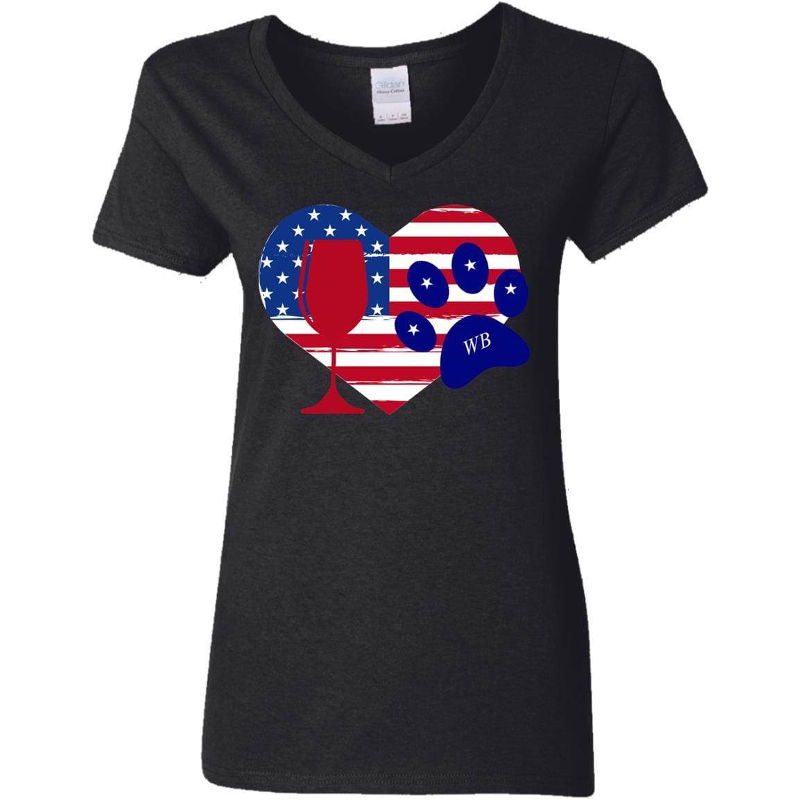 WineyBitches.Co American Wine Paw Heart Ladies' 5.3 oz V-Neck T-Shirt - Perfect for Wine Lovers, Casual Wear & Girls' Night Out