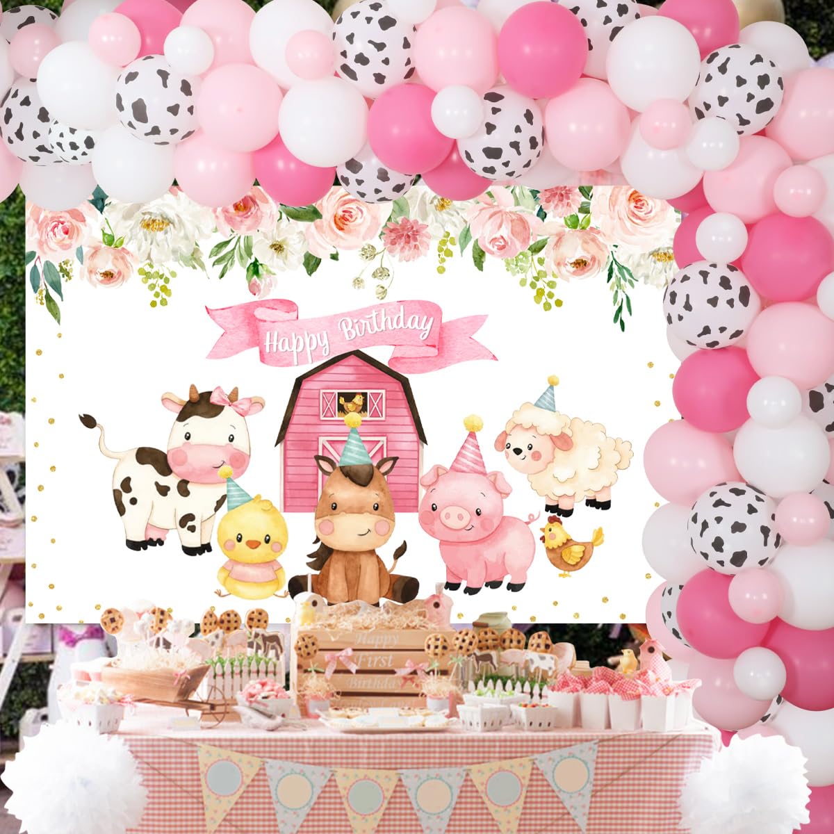 Pink Cow Farm Theme Birthday Party Decorations - Pink Barn Backdrop, Cow Head Cutouts & Animal Print Balloons for Girls Birthday, Baby Shower or Farmhouse Party Decor