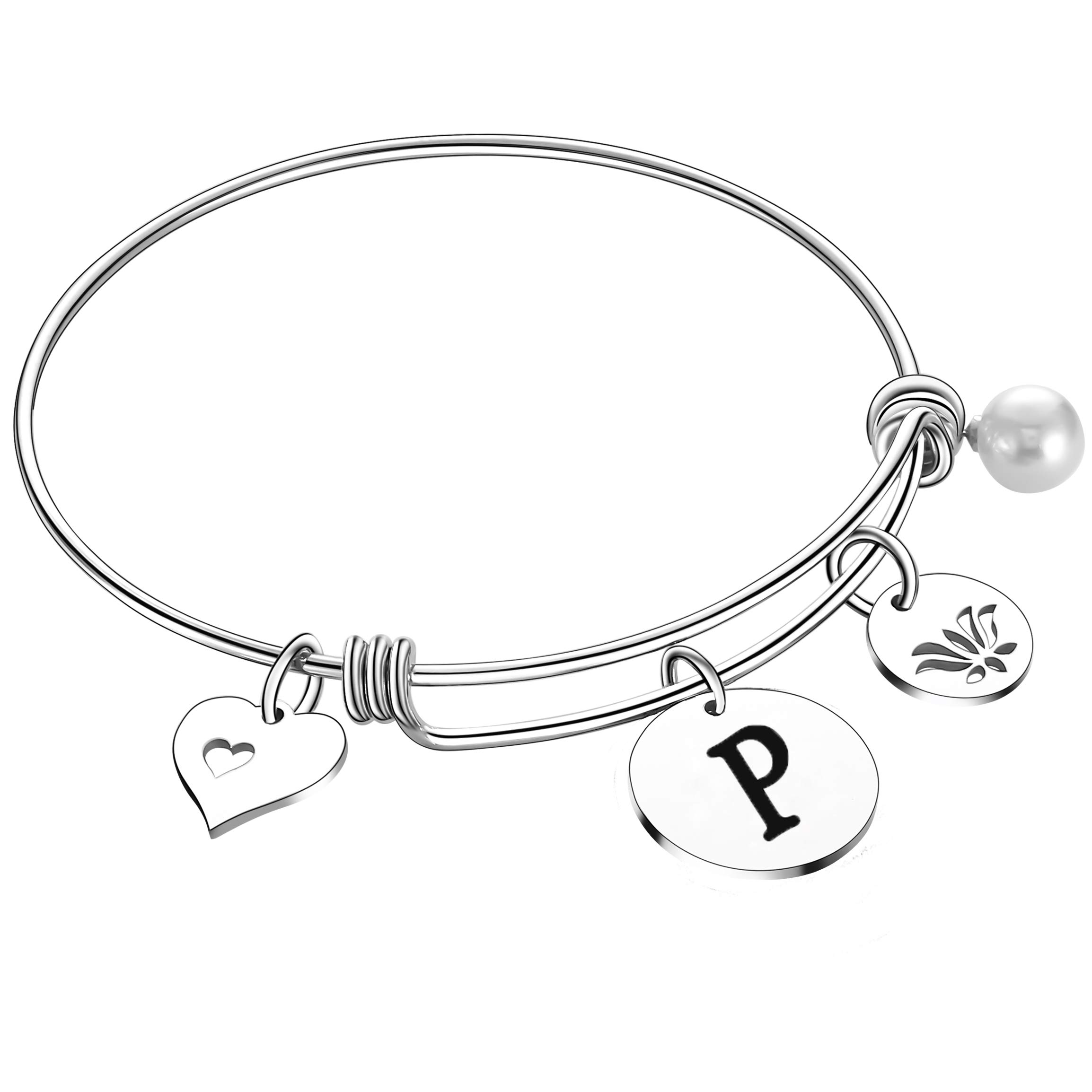 Personalized Initial Letter Bracelet for Women & Girls - Heart & Flower Charm Bangle with 26 Letters - Custom Name Jewelry for Gifts, Anniversaries & Everyday Wear