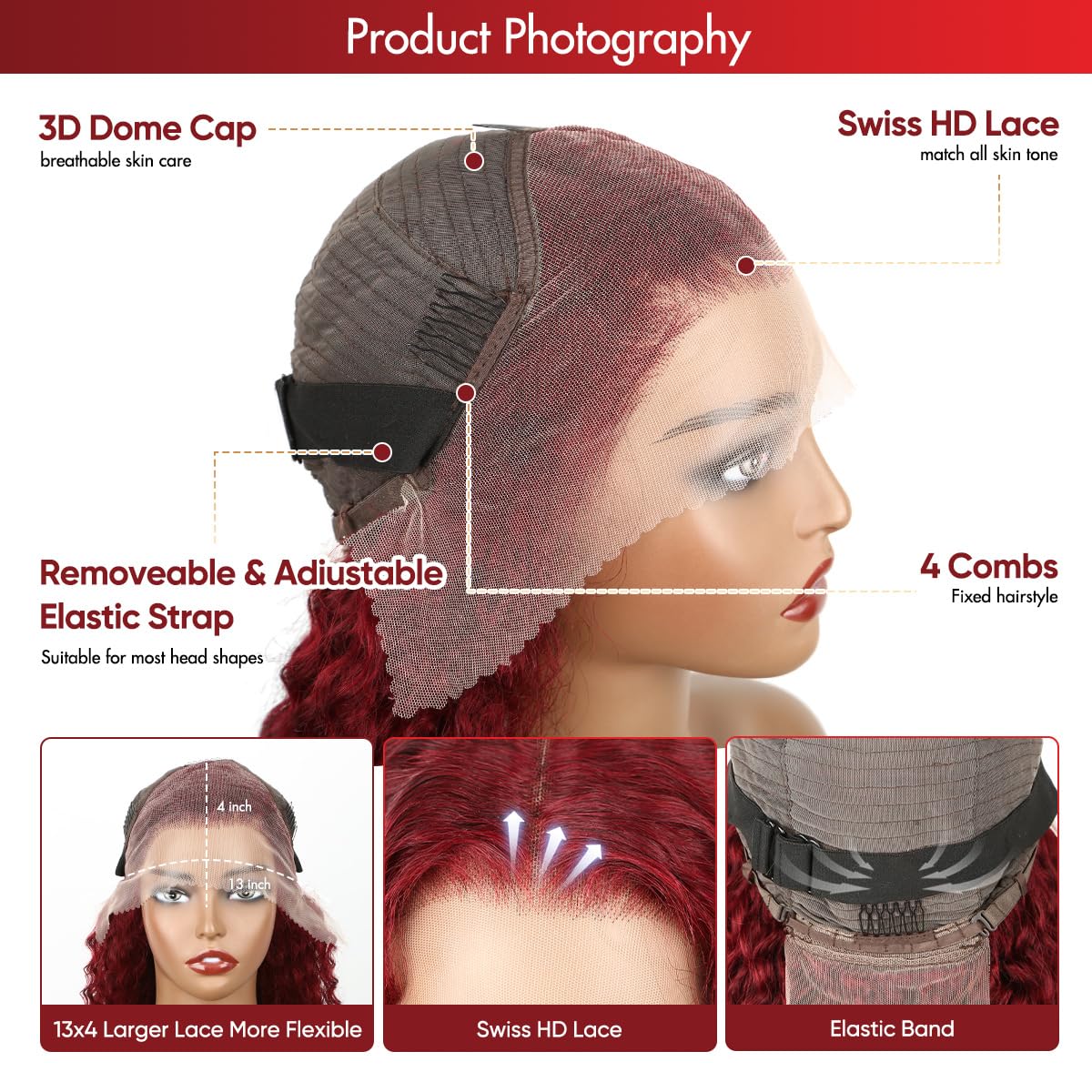 Burgundy 13x4 Lace Front Wig Human Hair 180% Density Water Wave Glueless Pre Plucked Bleached Knots 28 Inch - Natural Red Colored Curly Wig for Women | Perfect for Cosplay, Parties, Weddings & Daily Wear