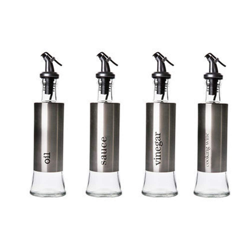 4-Piece Glass Oil Bottle Set - 300ml Stainless Steel Dispenser for Olive Oil, Soy Sauce, Vinegar & Wine - Kitchen & Restaurant Essential - Perfect for Cooking, Salad Dressing & Tabletop Serving