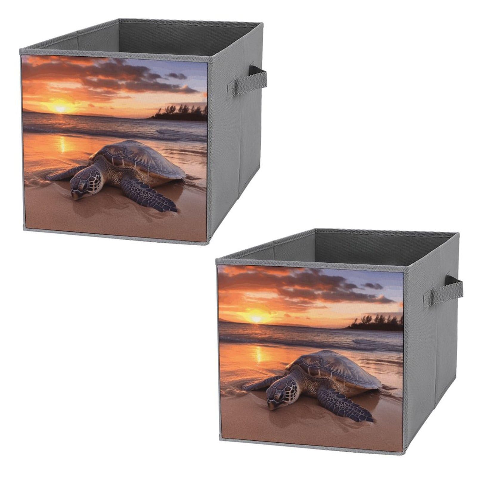 2-Pack Collapsible Fabric Storage Bins with Handles - Foldable Organizer Baskets for Clothes, Toys & Home Organization | Sea Turtle Sunset Design | Perfect for Closet, Nursery & Laundry Room Storage