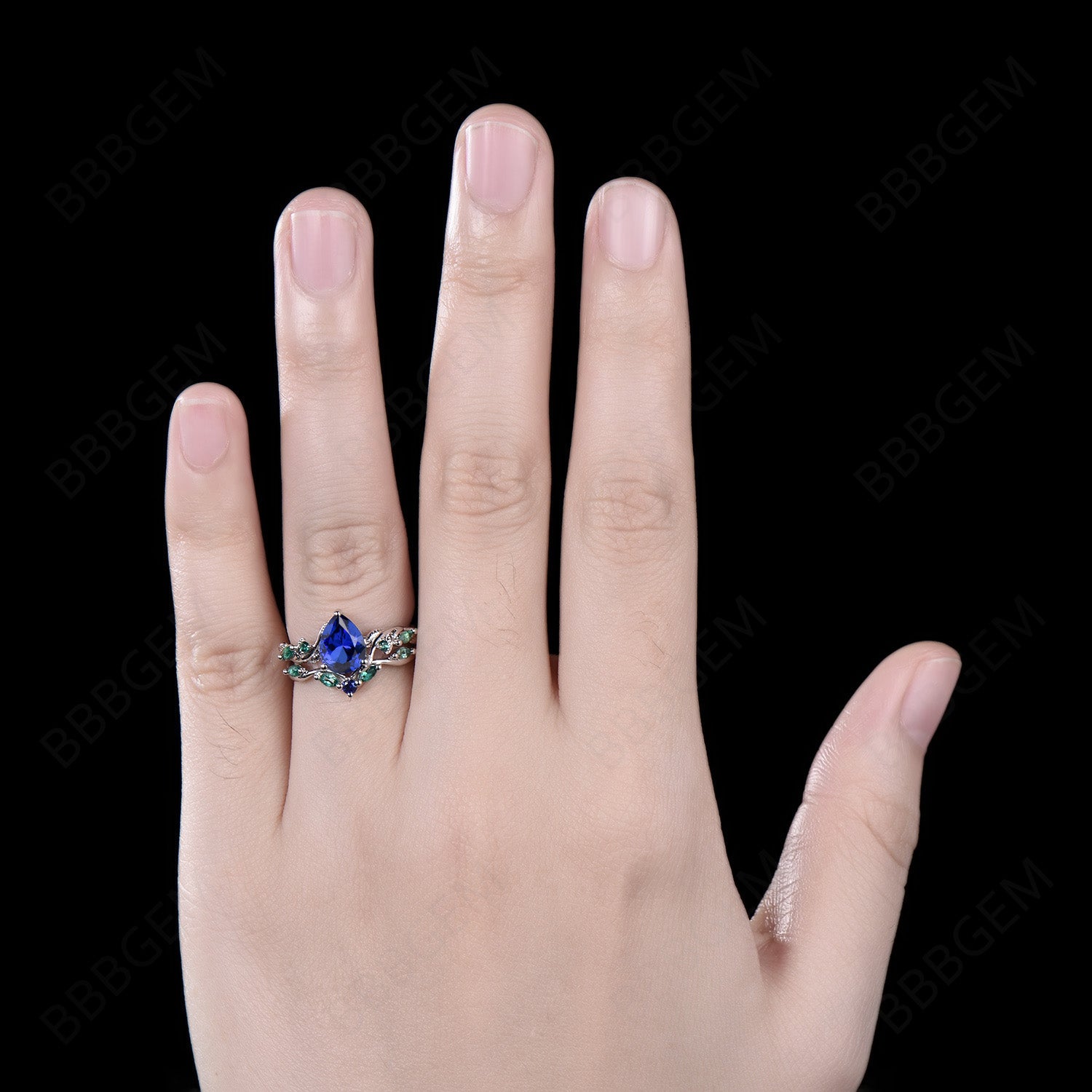 Vintage Nature Inspired Pear Blue Sapphire & Emerald Bridal Ring Set - Twig Leaf Vine Wedding Jewelry, September Birthstone Gift for Her - Perfect for Engagement, Anniversary & Special Occasions