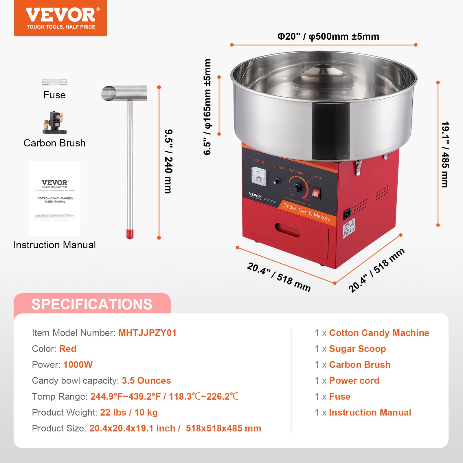 VEVOR 1000W Commercial Electric Cotton Candy Machine with Stainless Steel Bowl, Sugar Scoop & Drawer - Perfect for Kids Birthday Parties, Family Gatherings, Carnival Events & Home Use (Red)