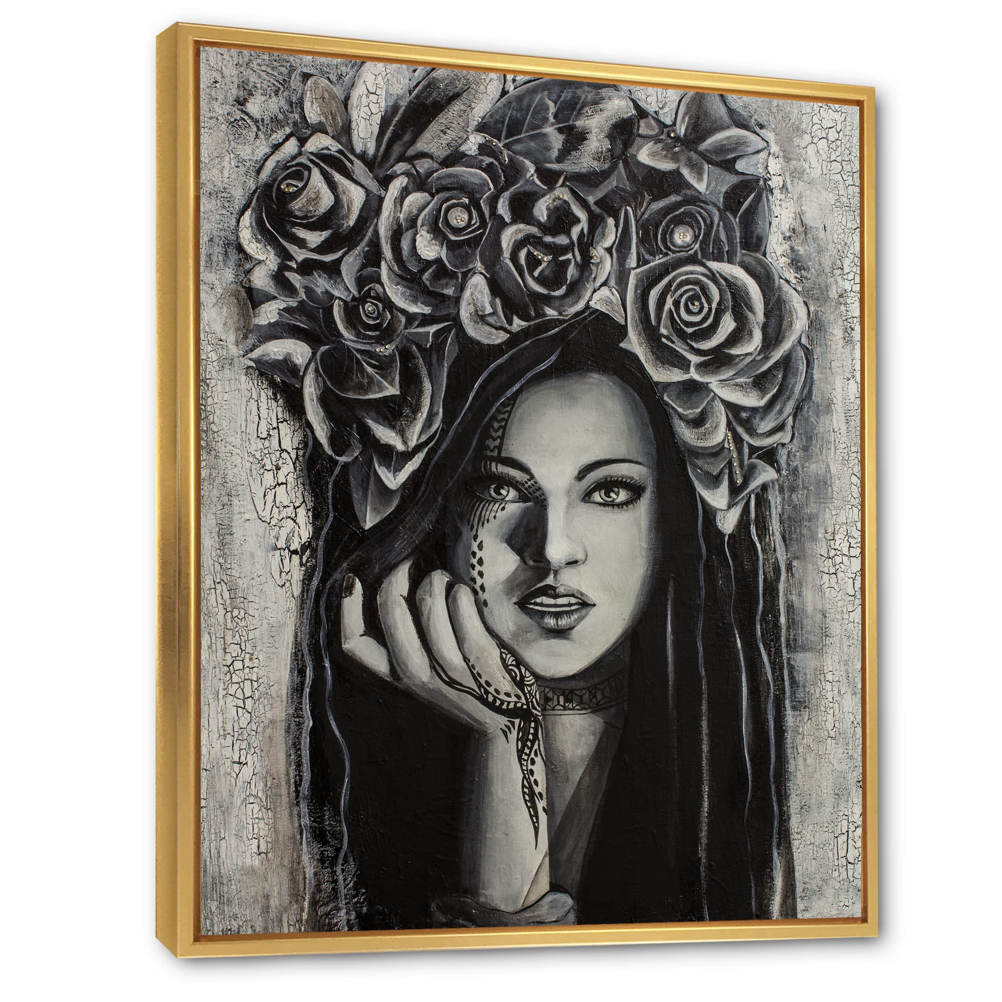 DesignQ Portrait of A Young Lady With Flowers III - Modern Framed Canvas Wall Art Print for Living Room, Bedroom & Office Decor