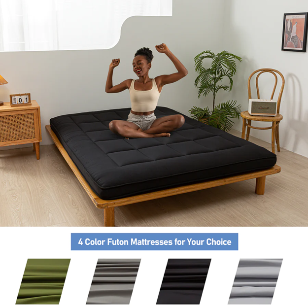 MAXYOYO Padded Japanese Floor Mattress - Black Foldable Roll Up Futon for Bedroom, Guest Room & Travel | Comfortable Floor Sleeping Mat for Adults & Kids