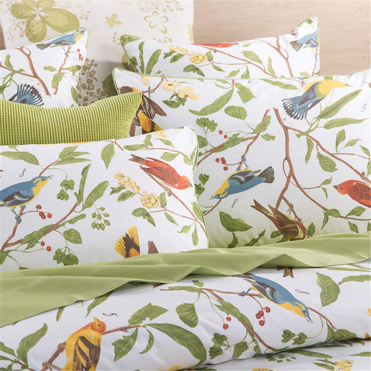 Premium 1000TC Egyptian Cotton Duvet Cover Set King Size - Farmhouse Green Leaves & Birds Print Bedding, Wrinkle-Free with Zipper Closure & Corner Ties (3pc) | Cozy Farmhouse Bedroom Decor for Master Bedroom or Guest Room