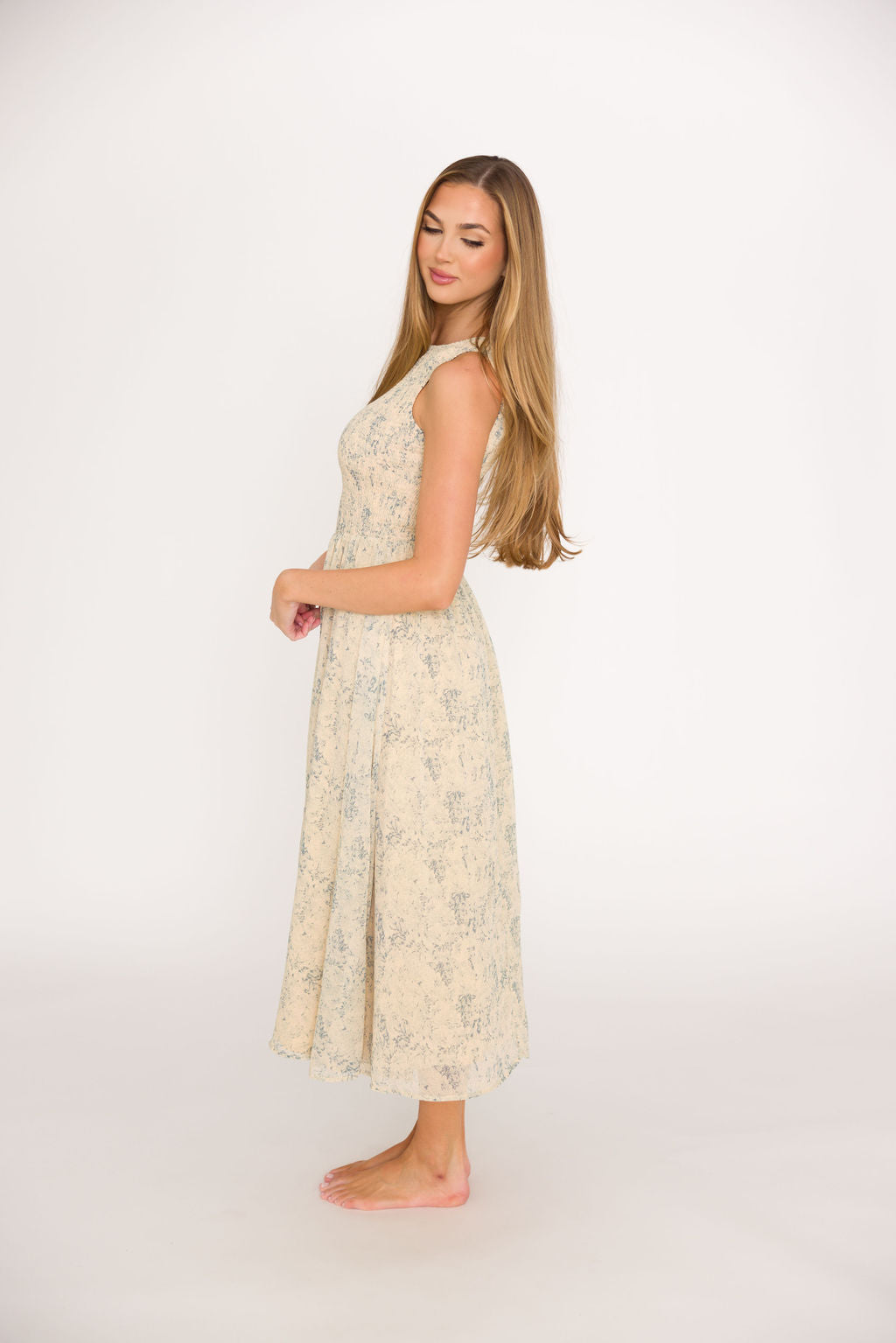 Alaina Floral Print Smocked Midi Dress - Blue Multi Color Summer Dress for Women | Perfect for Beach Vacations, Garden Parties & Casual Outings
