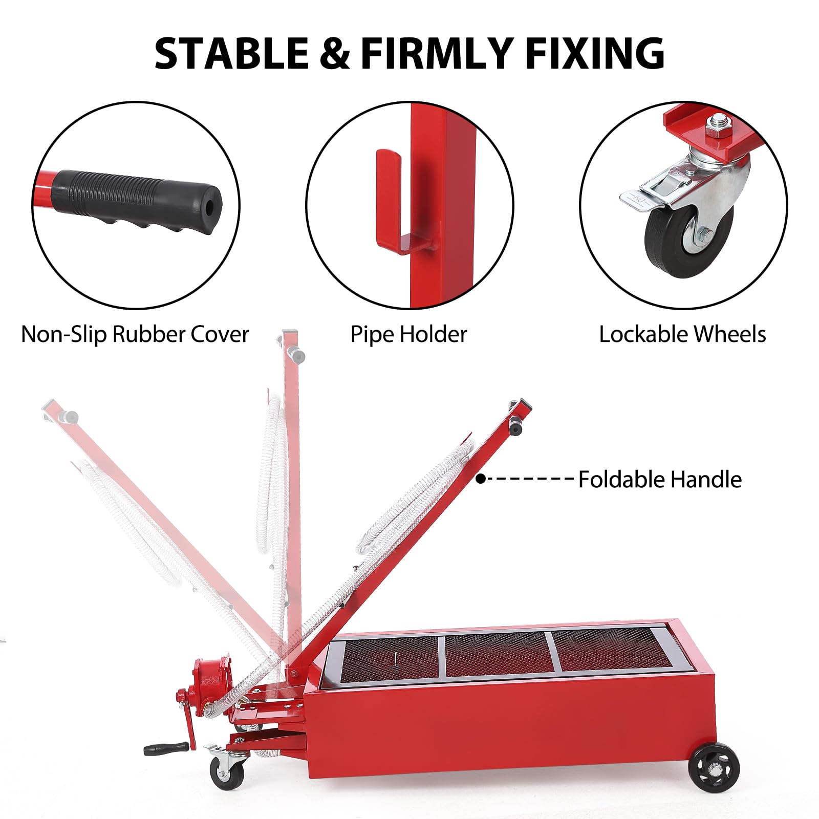 **20 Gallon (76L) Low Profile Oil Drain Pan with Manual Pump & Wheels - Heavy Duty Oil Change Pan for Cars, SUVs, Trucks - Includes 8FT Hose & Foldable Handle for Easy Transport & Storage**    *(Perfect for DIY Oil Changes, Auto Shops, and Quick Garage Maintenance)*